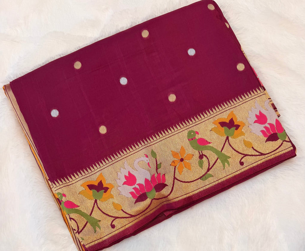Wine pure paithani swan & peacock border saree