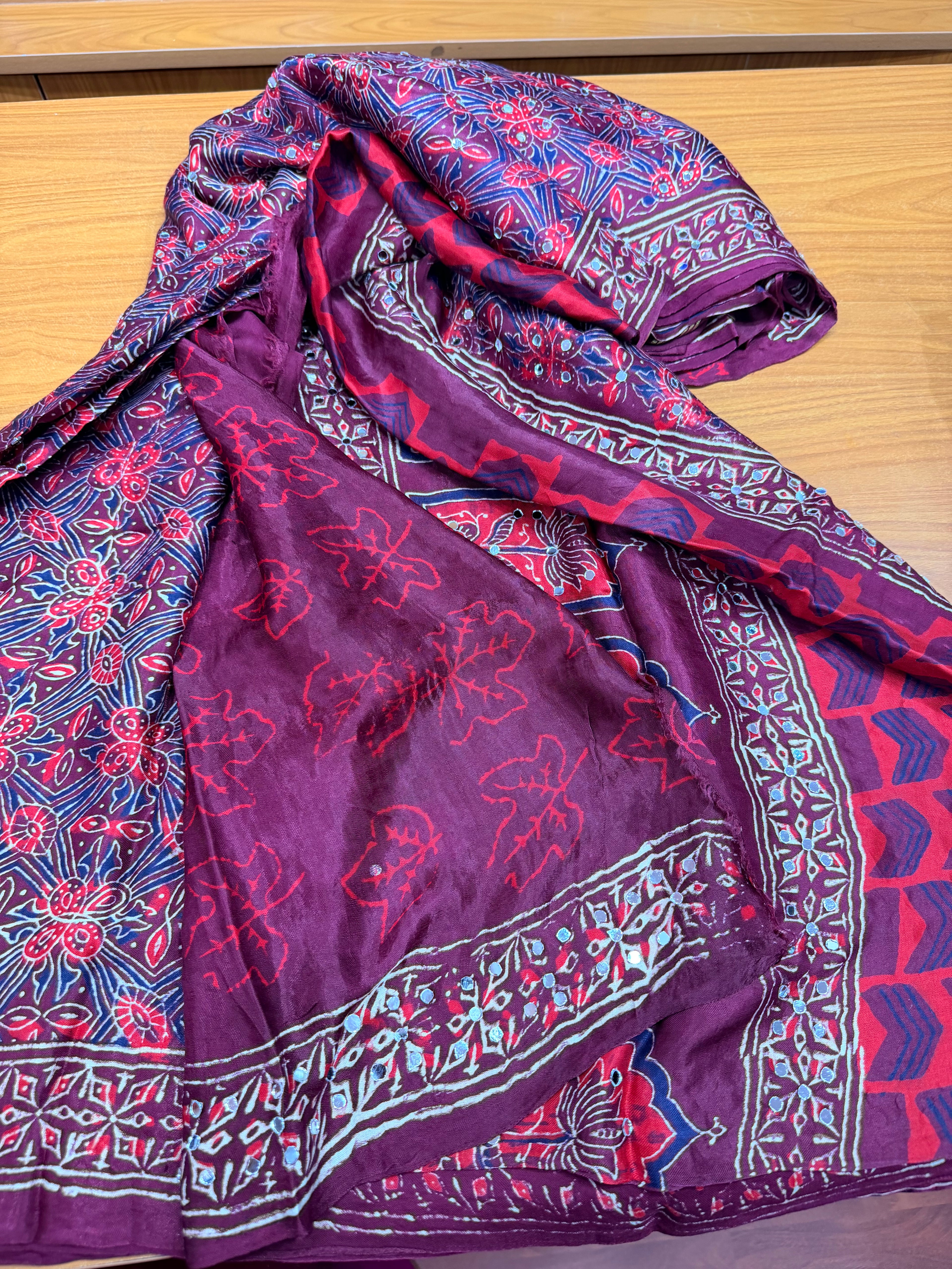 Maroon ajrak mirror work with tissue pallu