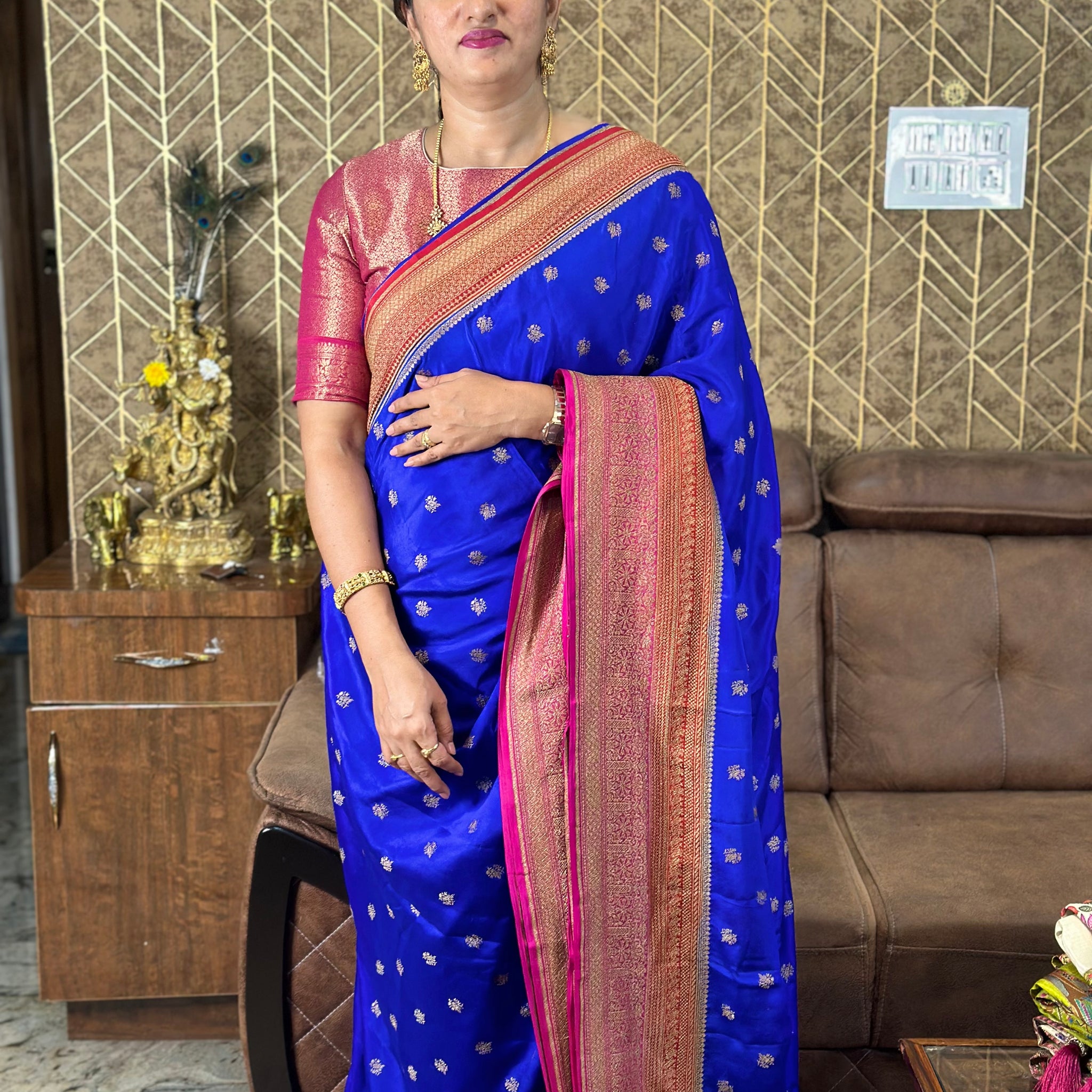 Royal blue with pink pure crepe Banaras silk sarees.