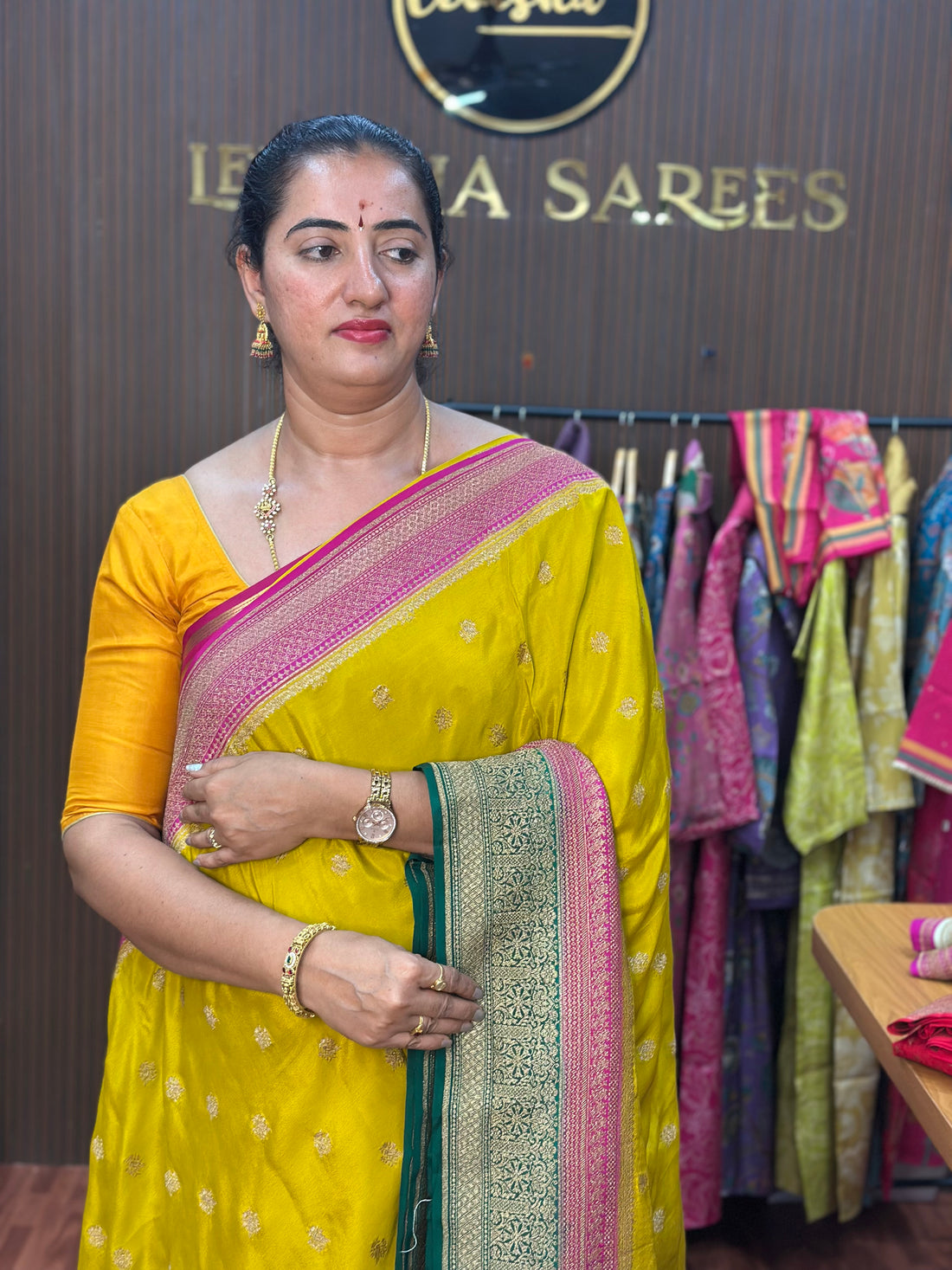 Mustard and green pink, pure crepe Banaras silk sarees.
