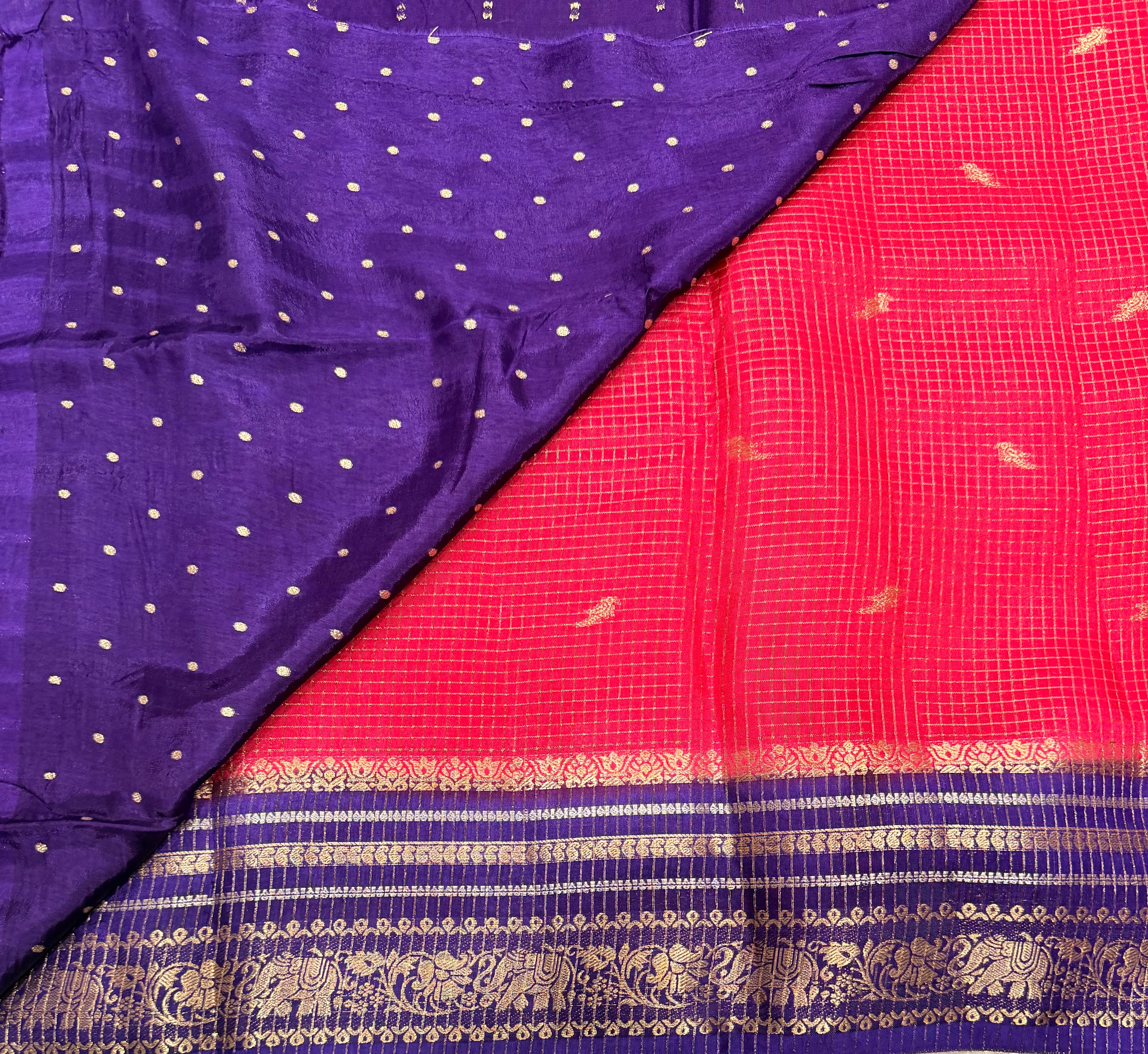 Rani pink contrast border checks Dola crepe saree