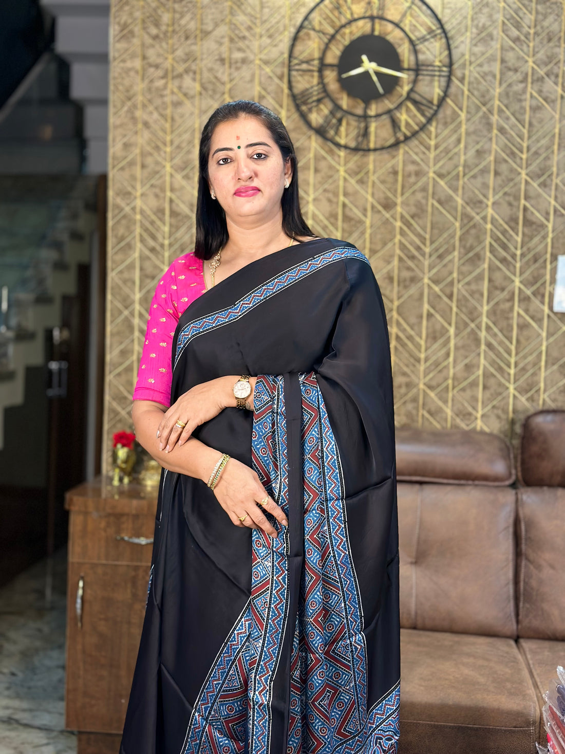 Black and blue Ajrak prints pure modal silk saree.