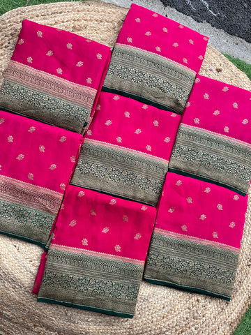 Hot pink and green 2D pure crepe Banaras silk sarees
