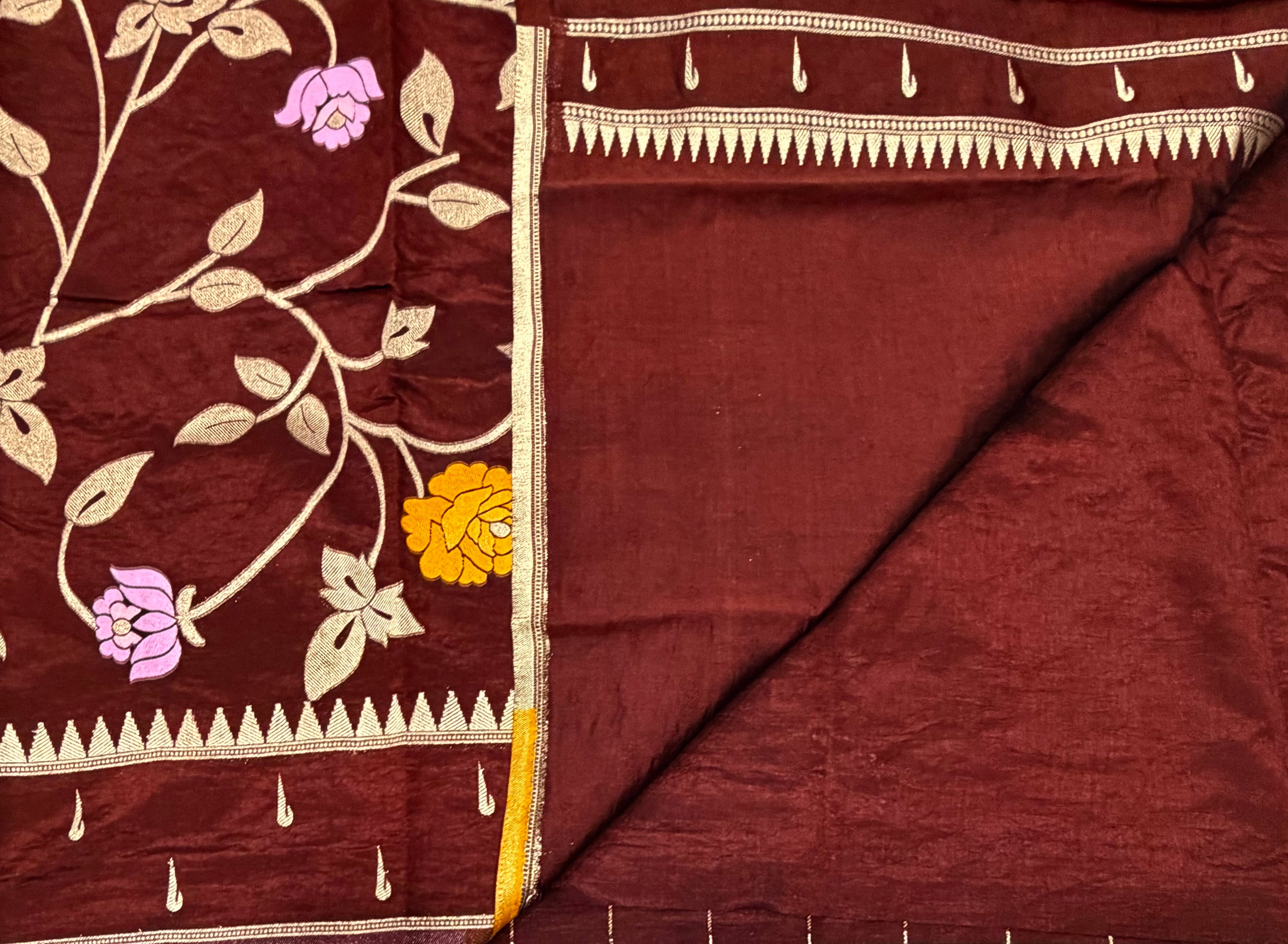 Dark brown temple border tusser Paithani saree