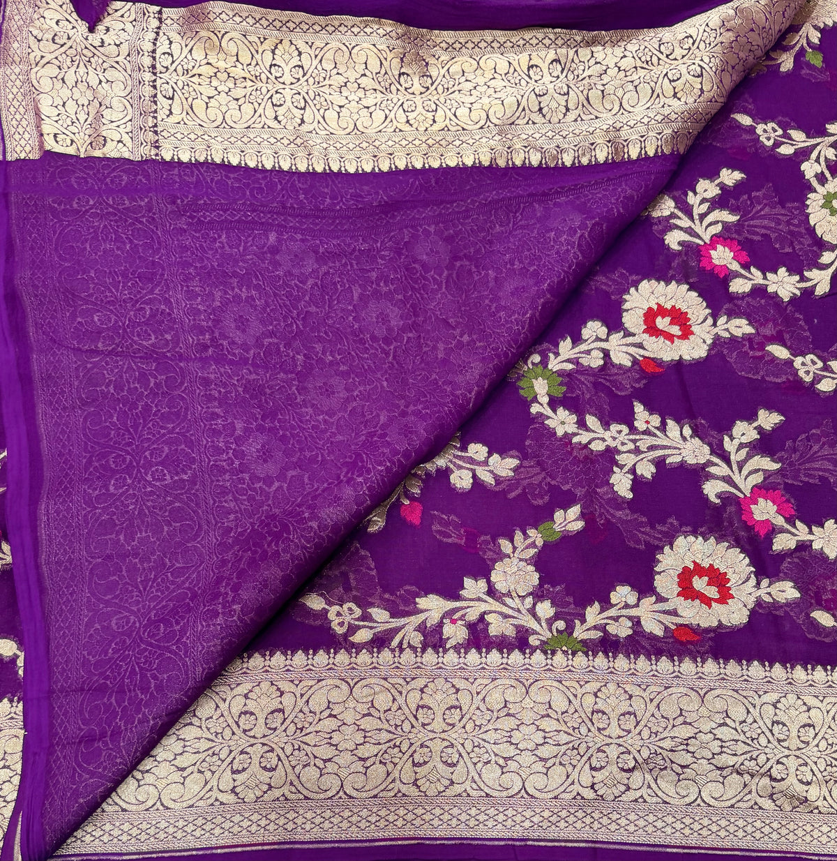 Purple jaal pattern pure georgette with water zari saree