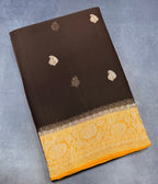 Dark coffee brown Banarasi pure khadi chiffon saree sliver zari saree