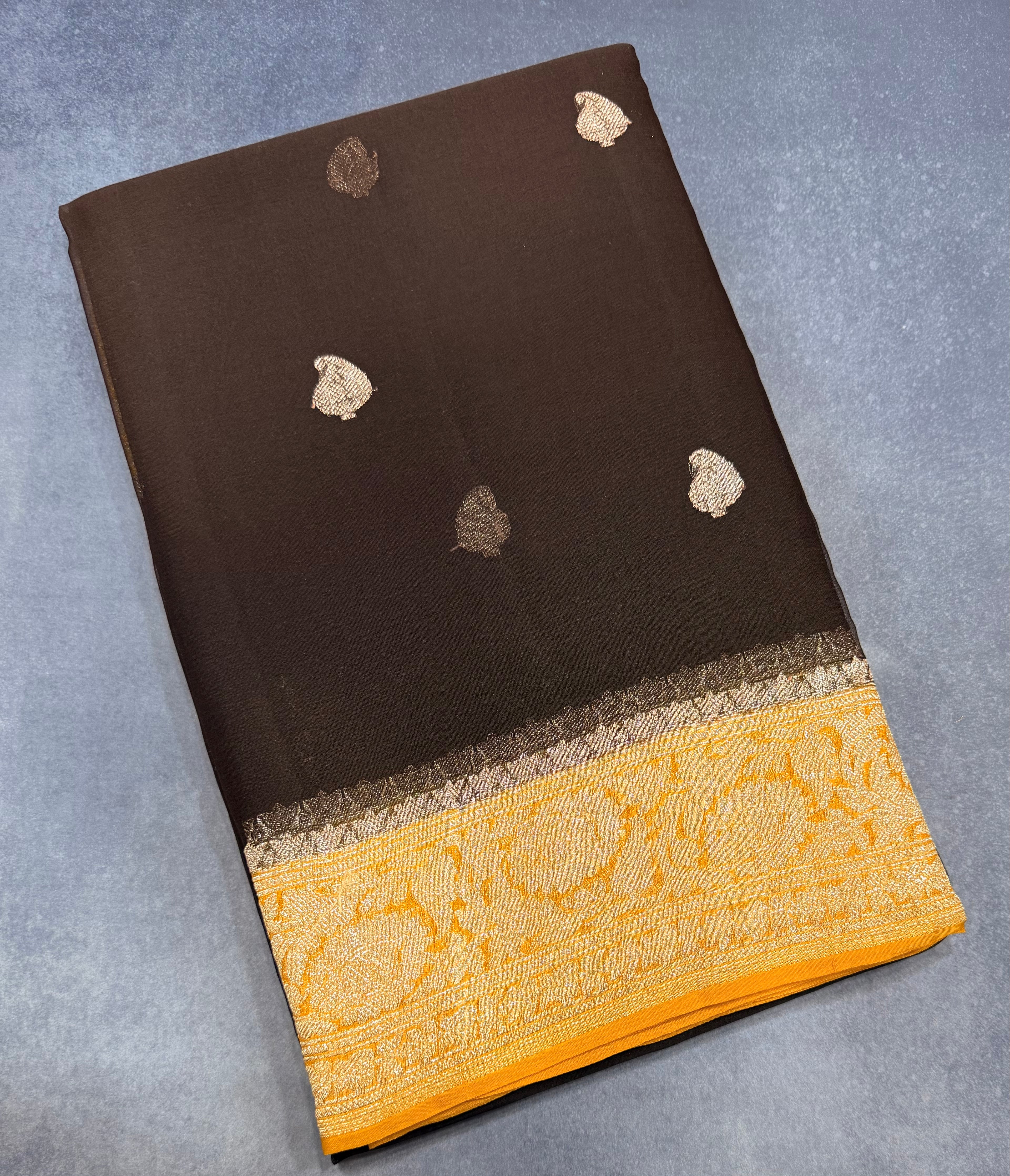 Dark coffee brown Banarasi pure khadi chiffon saree sliver zari saree