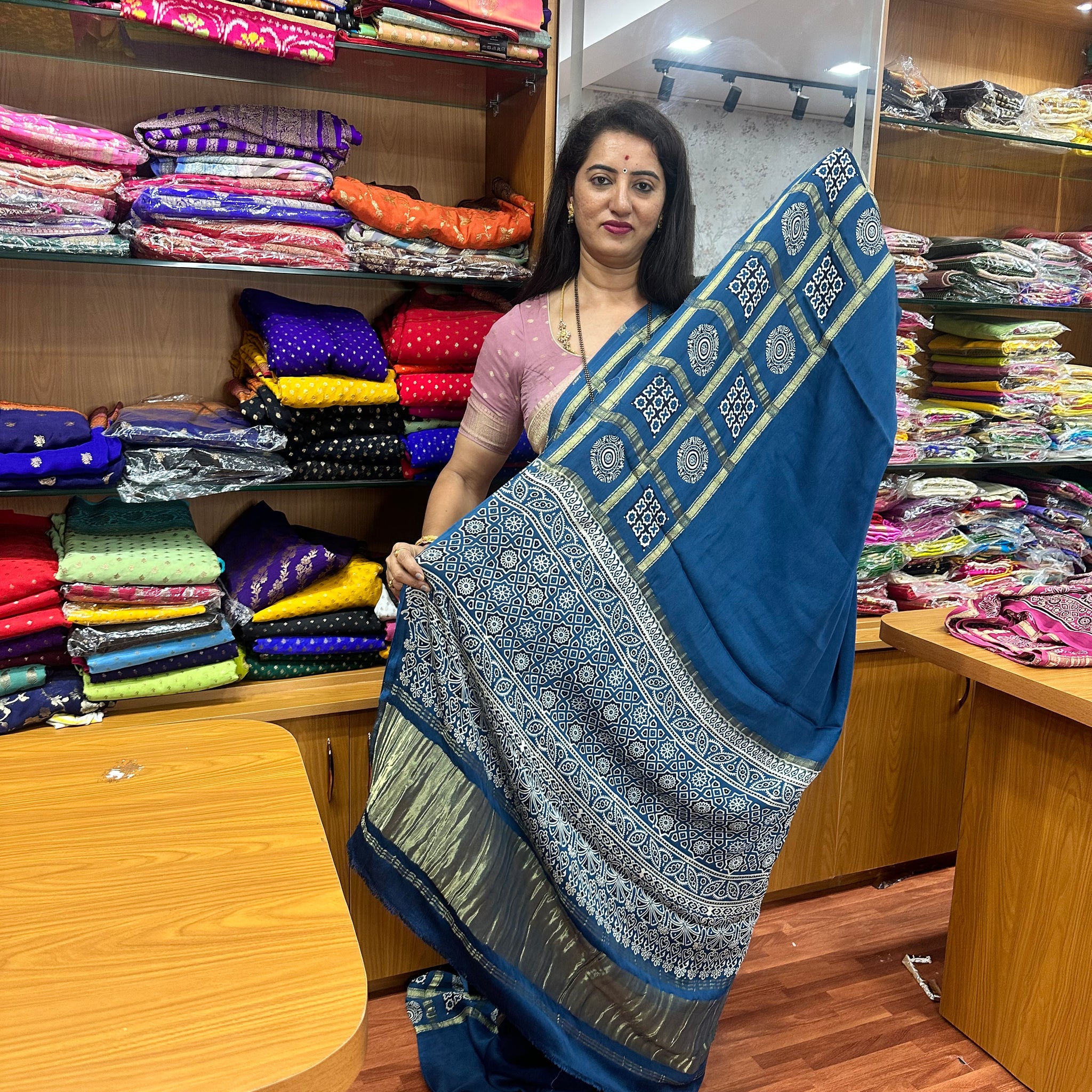 Peacock blue pure modal silk sarees