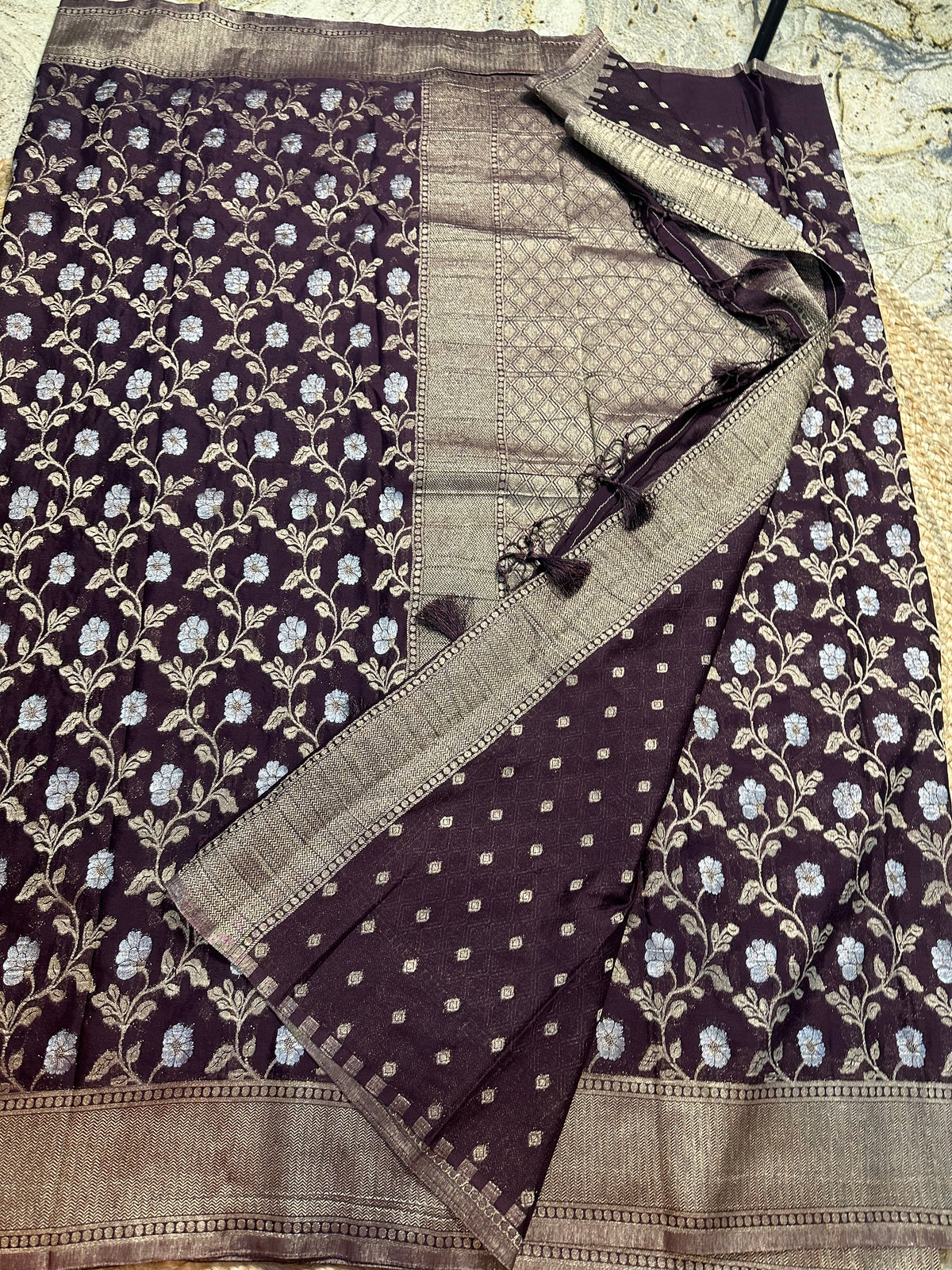 Coffee brown designer georgette jaal pattern saree.