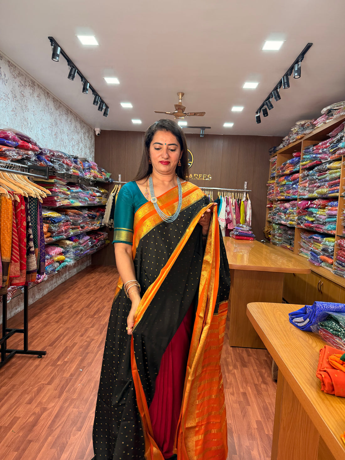 Black and orange pure crepe Mysore silk sarees 120 gsm thousand butta concept