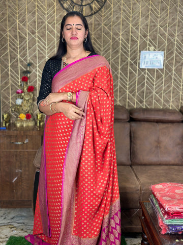 Orange and pink pure khaddi Georgette sarees.