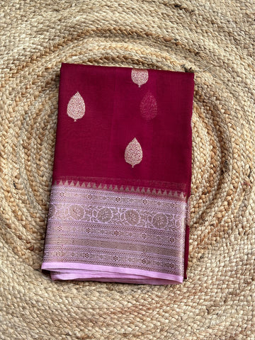 Maroon with pinkish lavender pure Kora organza silk hand woven