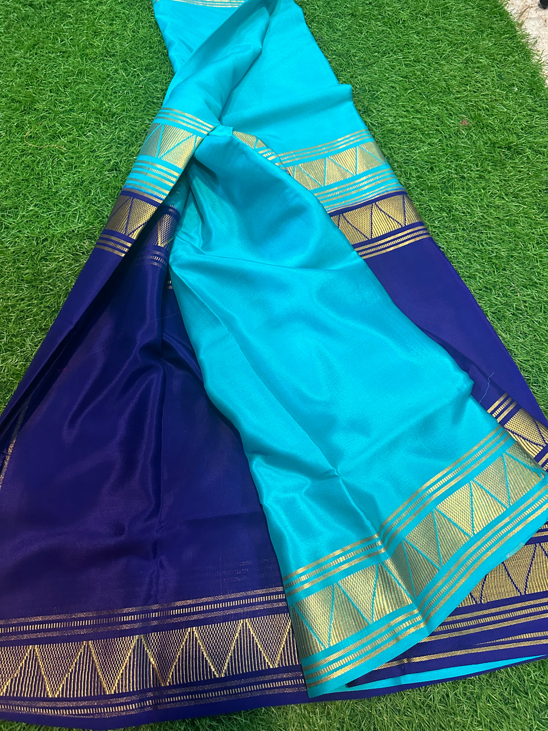 Blue with sky blue half and half Mysore Silk sarees.