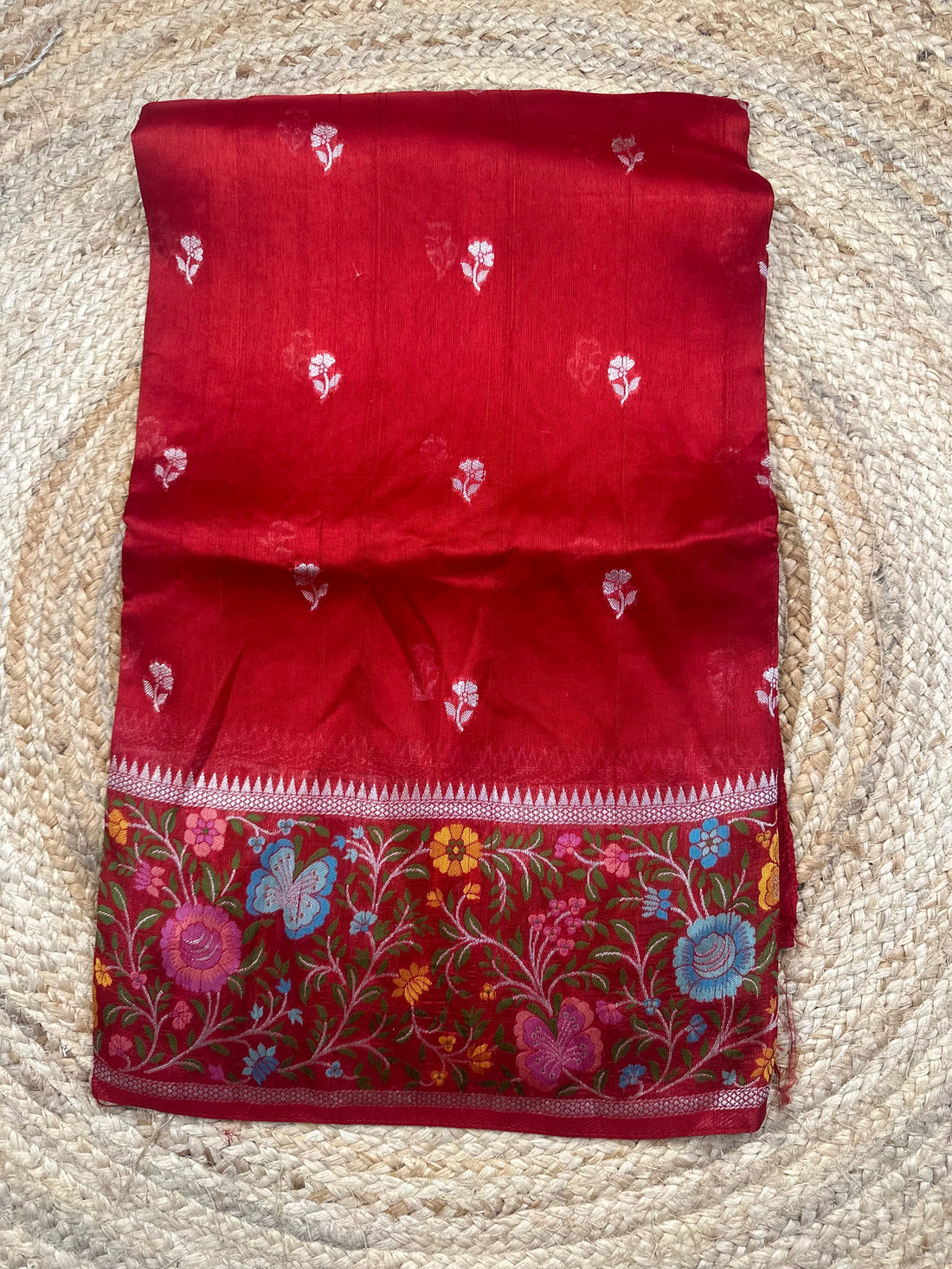 Brick red pure tusser with Paithani border