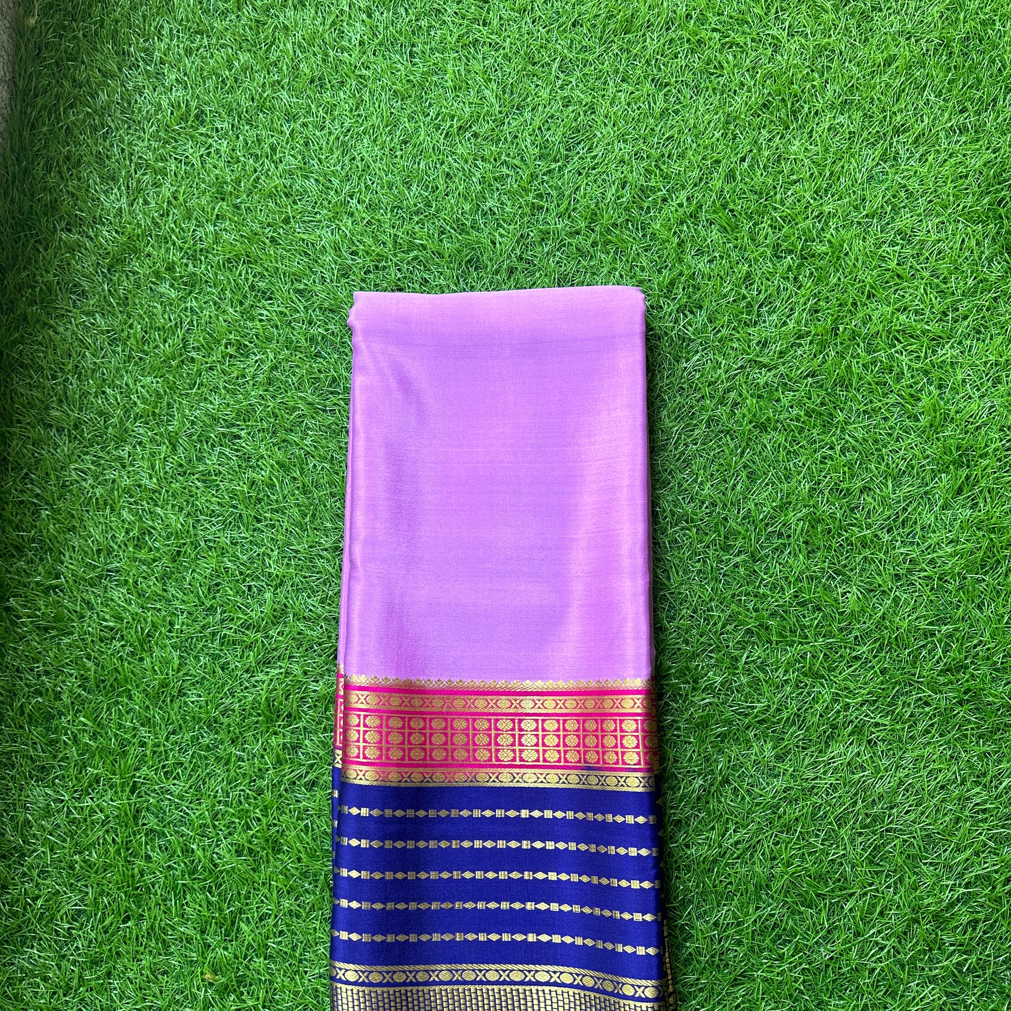 Lavender pink and navy blue,pure Mysore Silk crepe. 120 grams thickness.