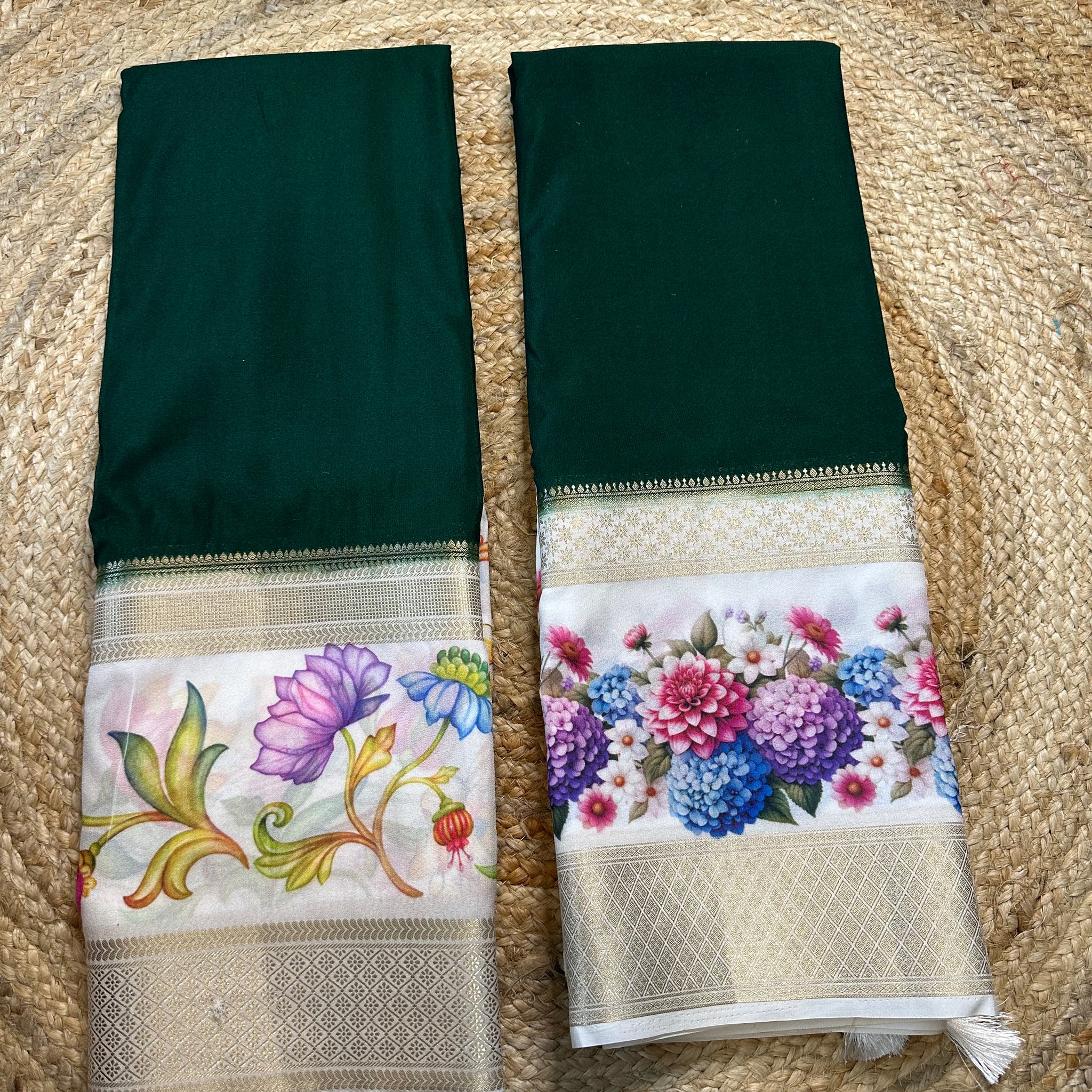 Green and white semi crepe floral bentex border.