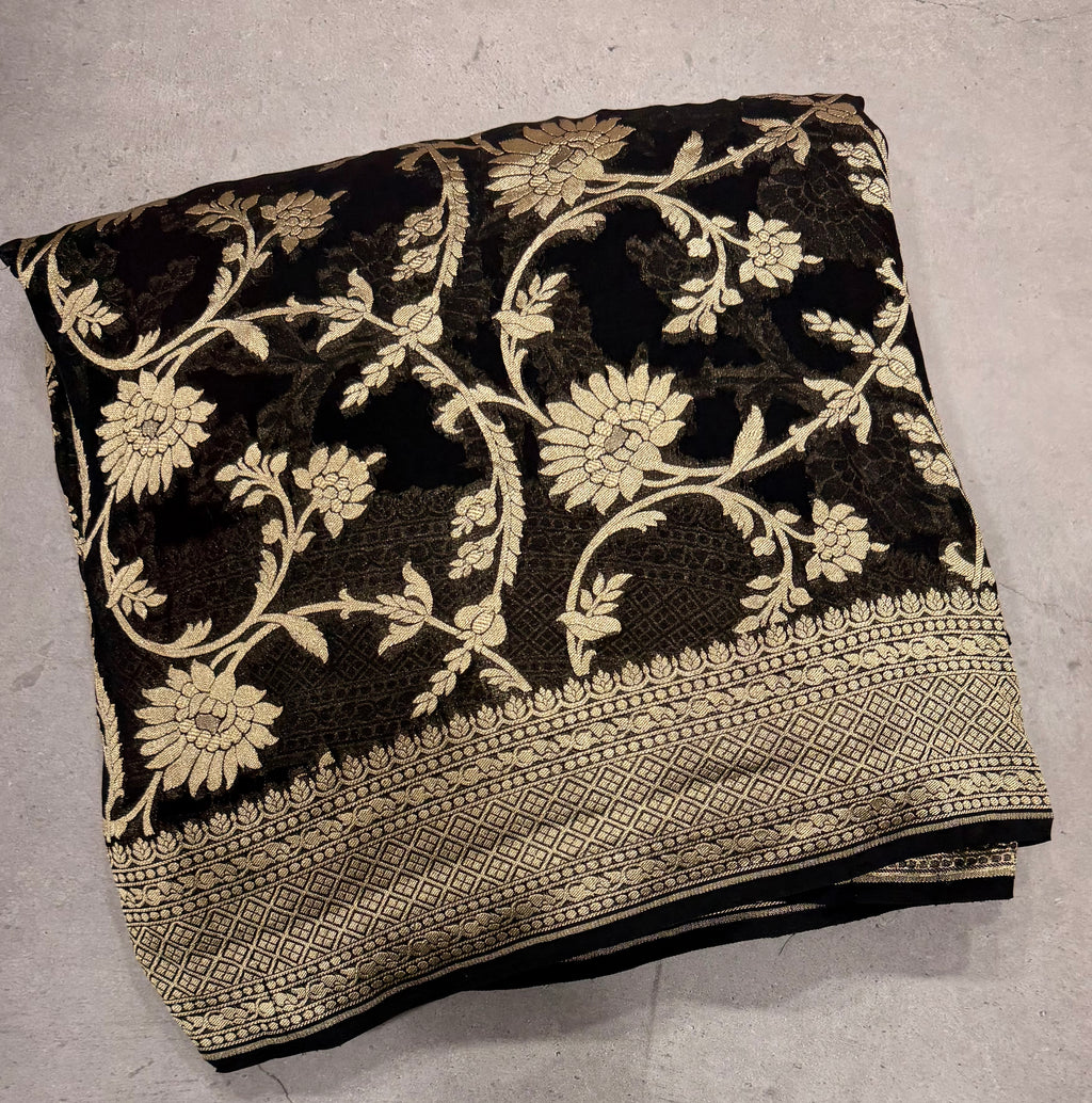 Black jaal pattern pure georgette with water zari saree