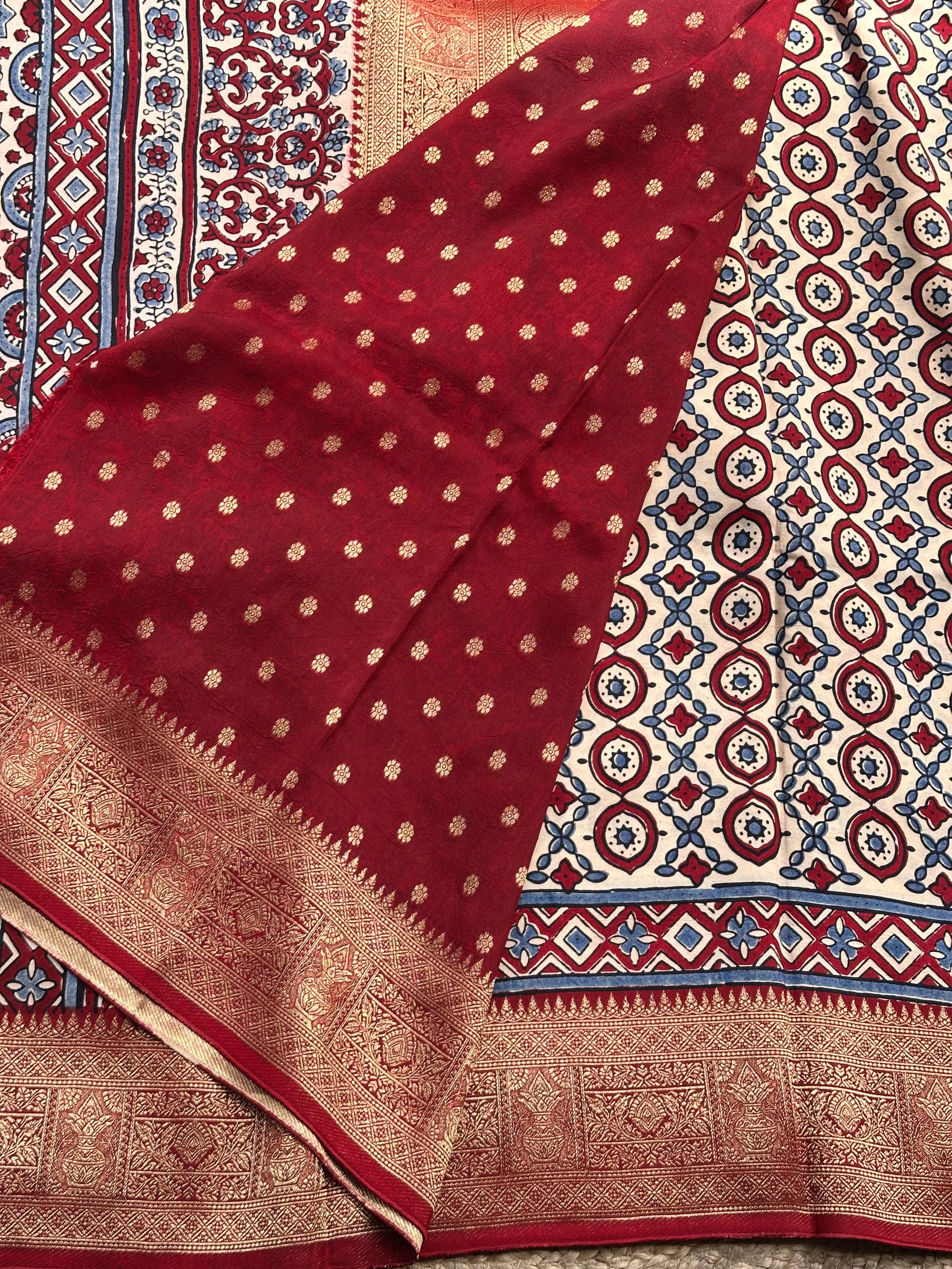 White and red pure Ajrak dola sarees