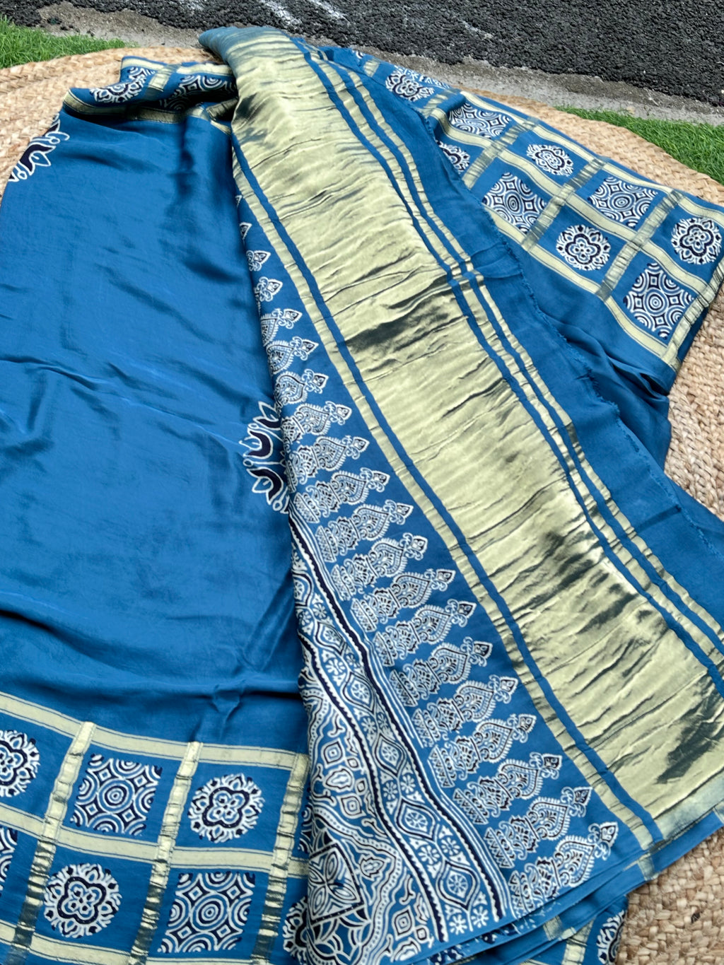 Powder blue pure Ajrak modal Sarees with Ajrak blouse
