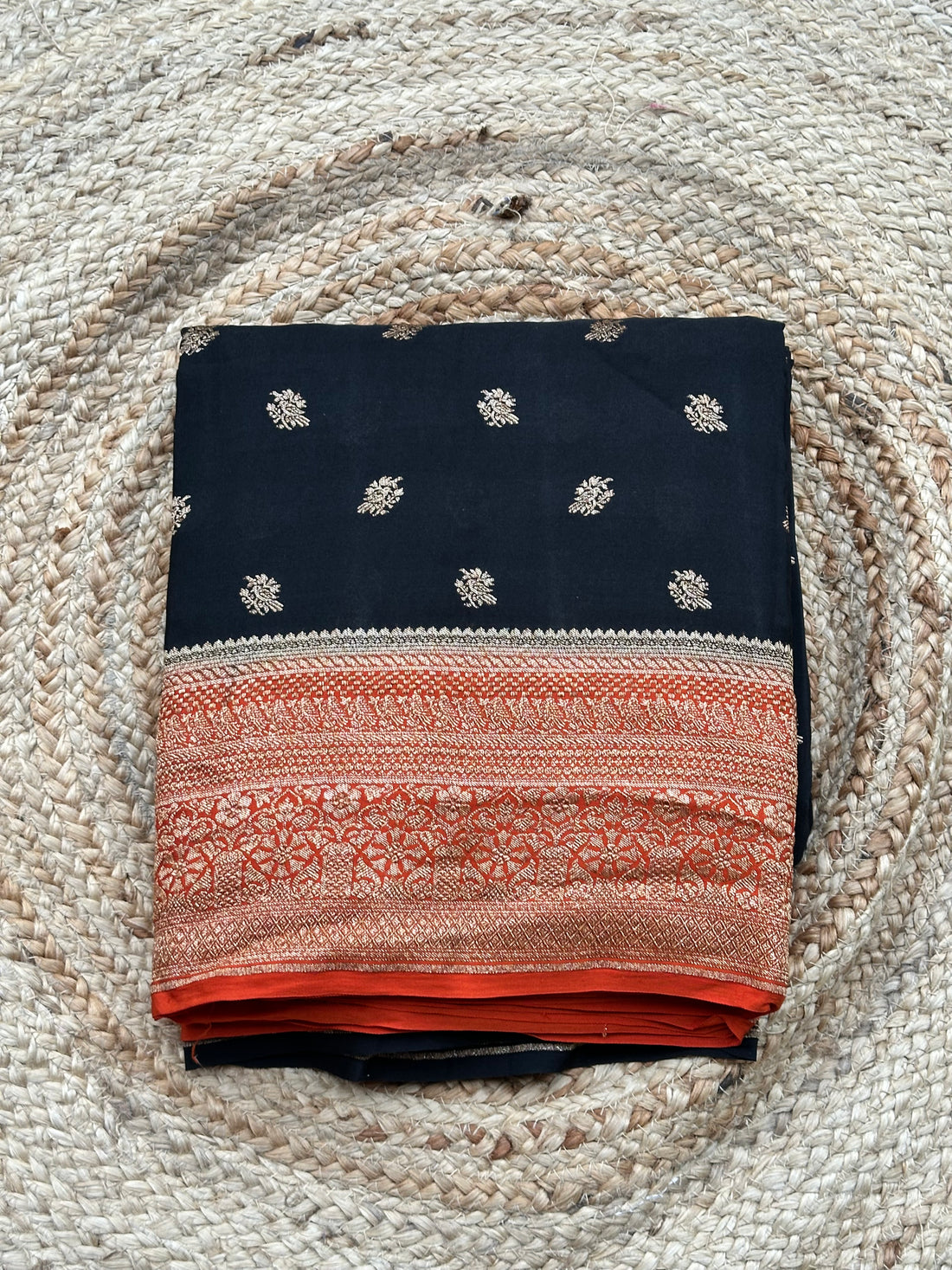 Black and orange pure crepe Banaras silk sarees