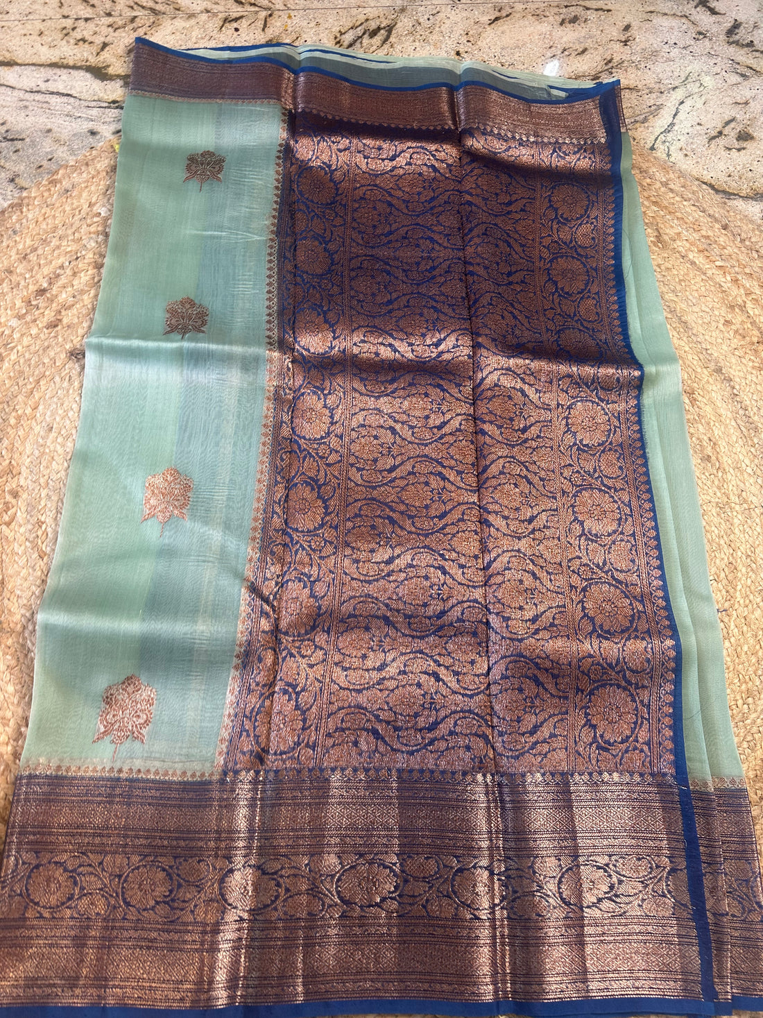 Pista green with peacock blue Kora organza