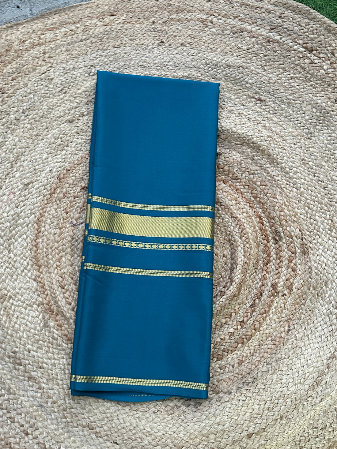 Peacock blue 4 line border pure crepe Mysore Silk sarees