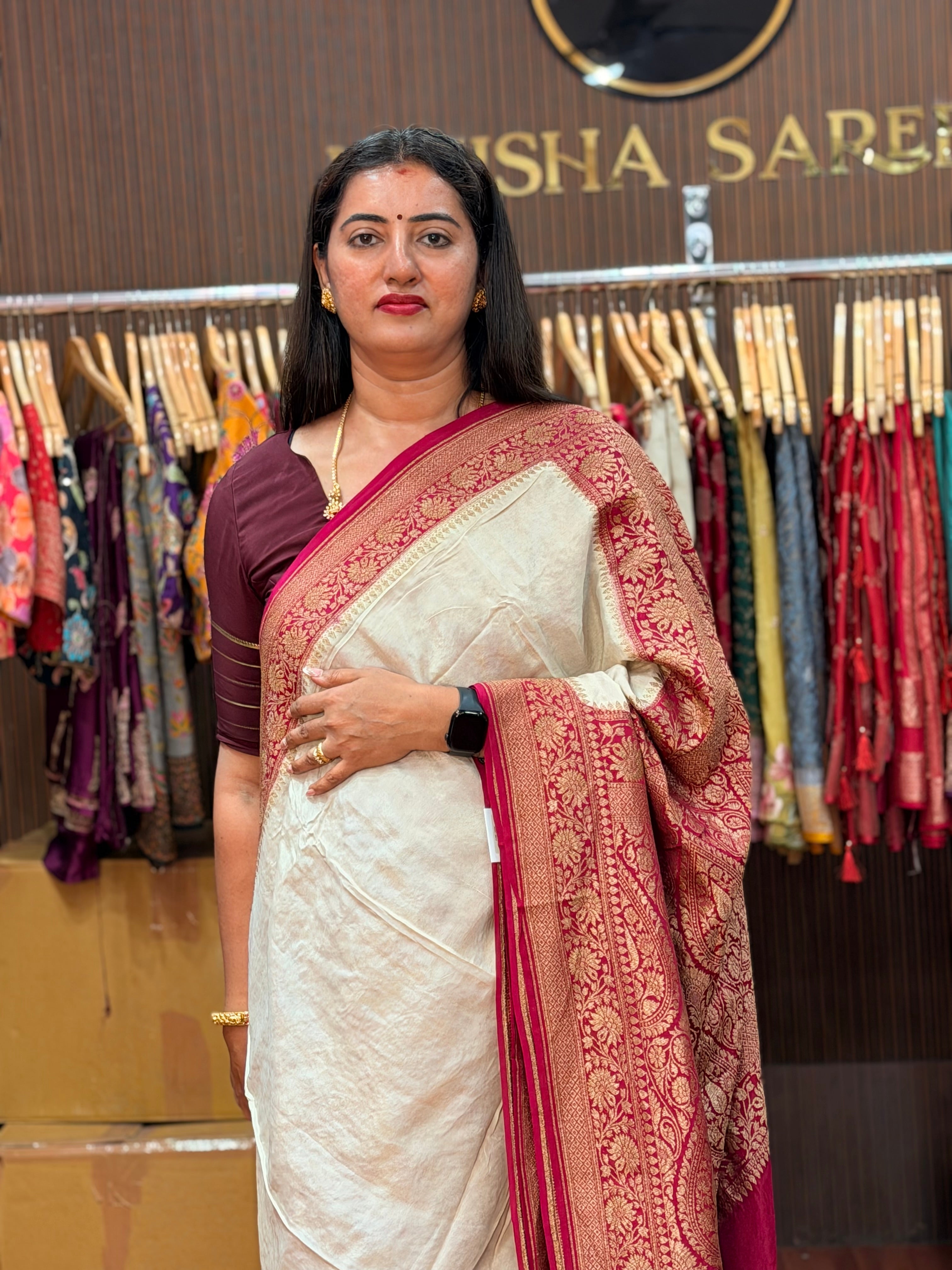 Pure crepe Banaras Half white and pink patley pallu concept