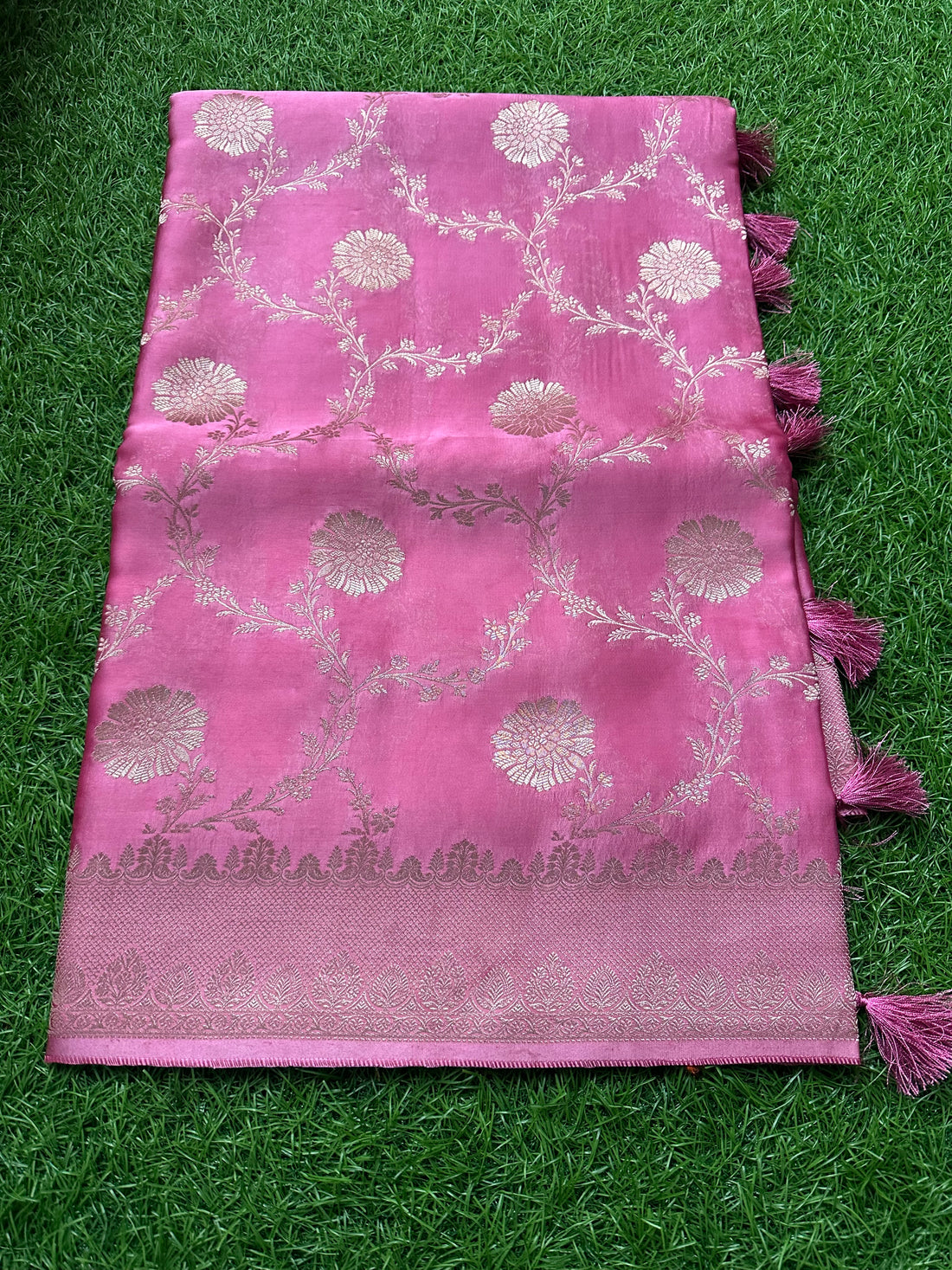 Pastel jaal Pure satin silk saree.