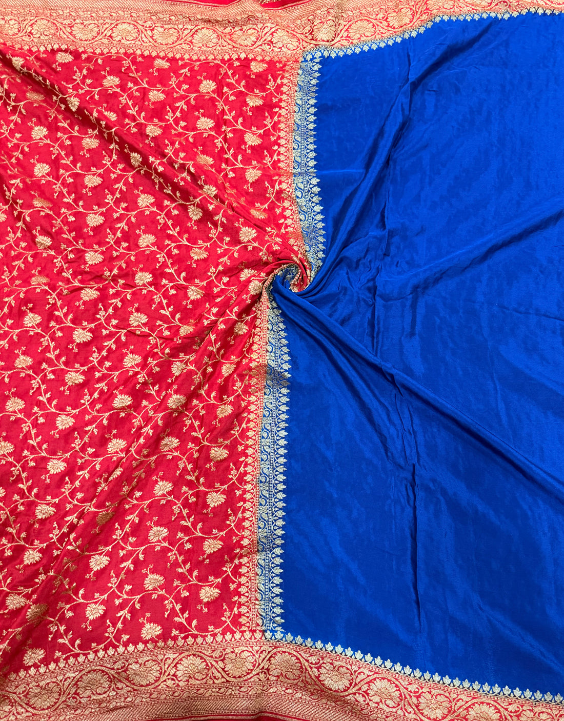 Blue n red partly pallu pure benarasi crepe silk saree