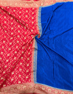 Blue n red partly pallu pure benarasi crepe silk saree