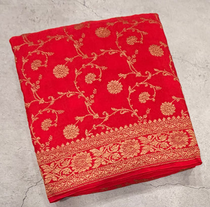 Red jaal pattern pure benarasi crepe silk saree