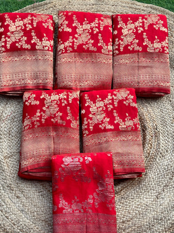 Hot red crushed georgette jaal pattern Saree