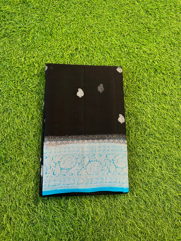 Black with sky blue pure khaddi chiffon Banarasi sarees.