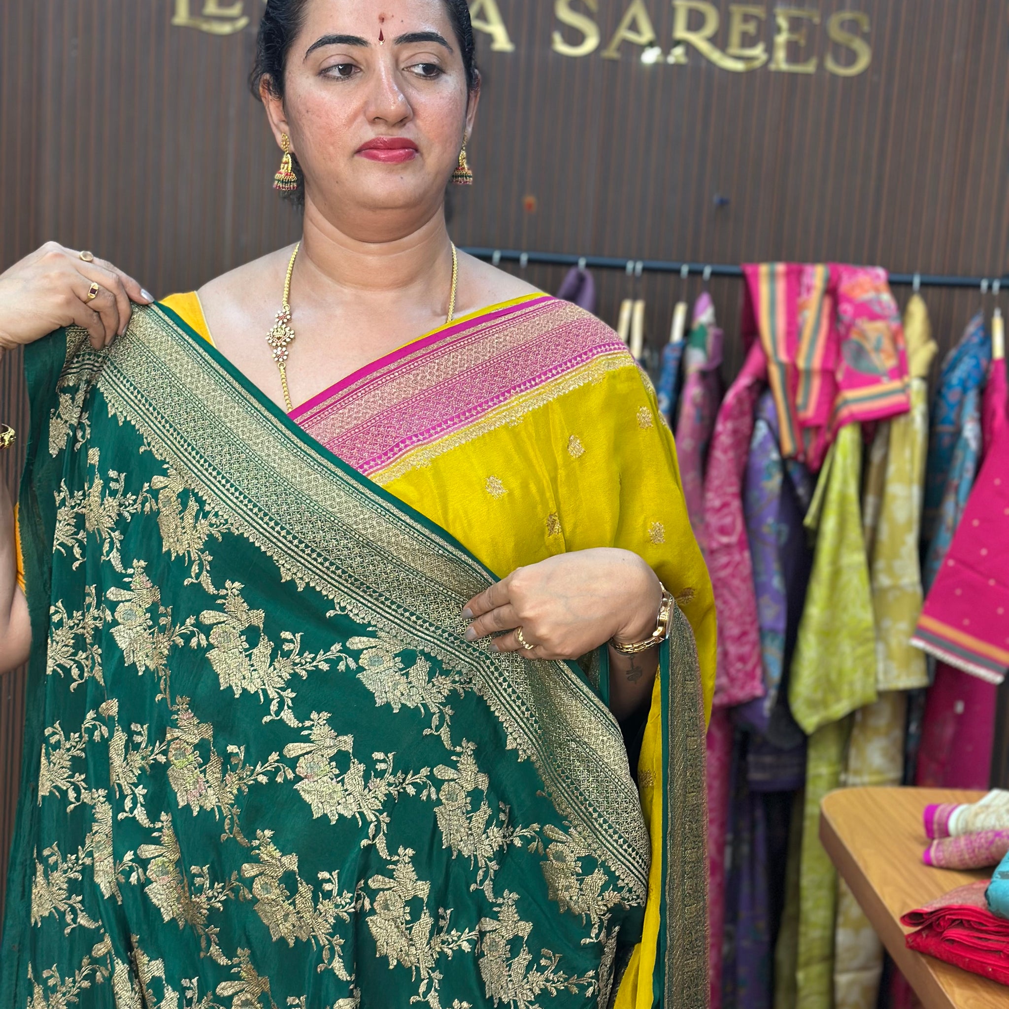 Mustard and green pink, pure crepe Banaras silk sarees.