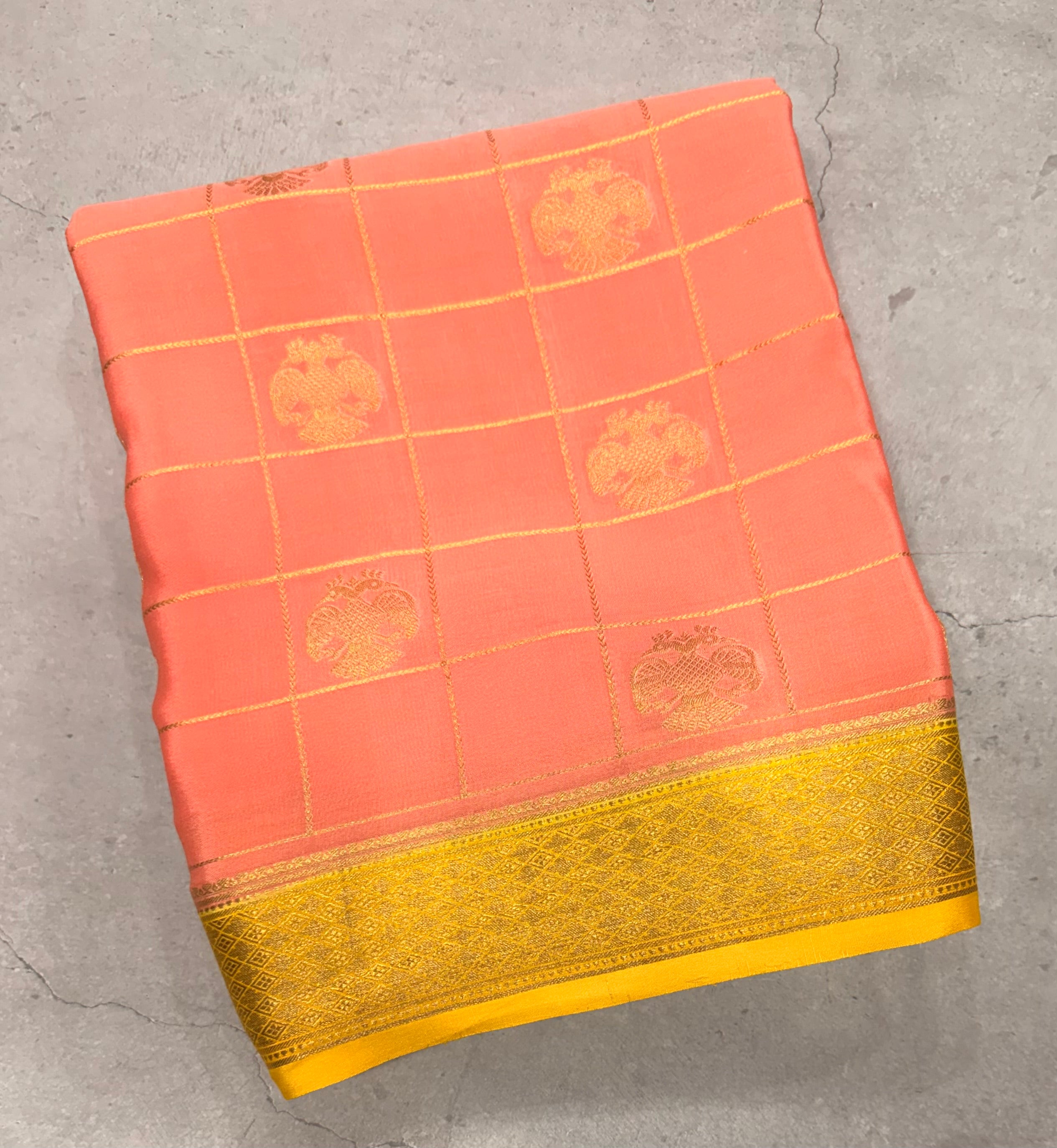 Pastel pink checks pure Mysore silk crepe saree