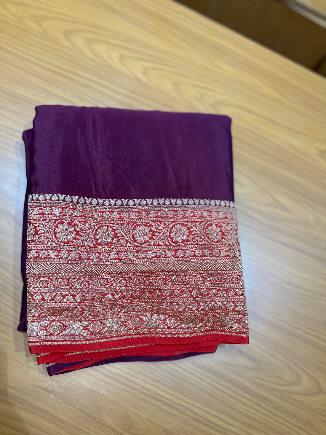 Wine with red pure crepe Banaras, plain concept silk mark certified