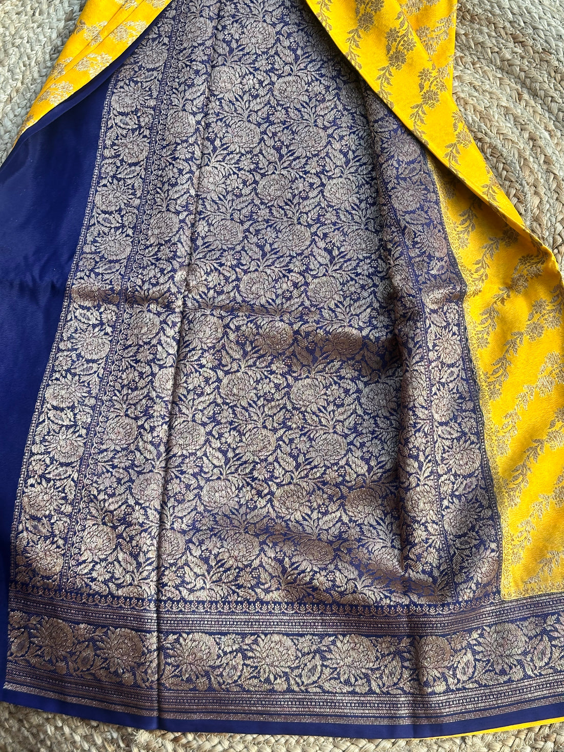 Yellow and purple pure crepe chiffon jaal pattern Saree