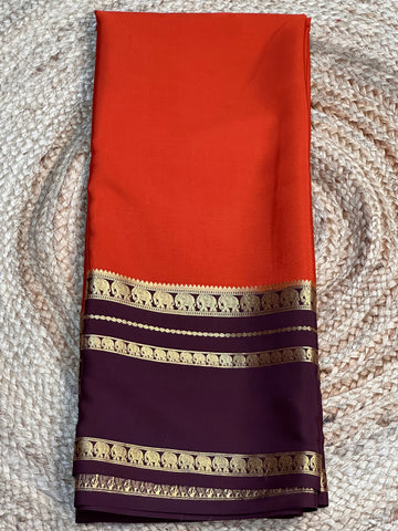 Rust orange and coffee brown pure Mysore silk crepe elephant bentex border