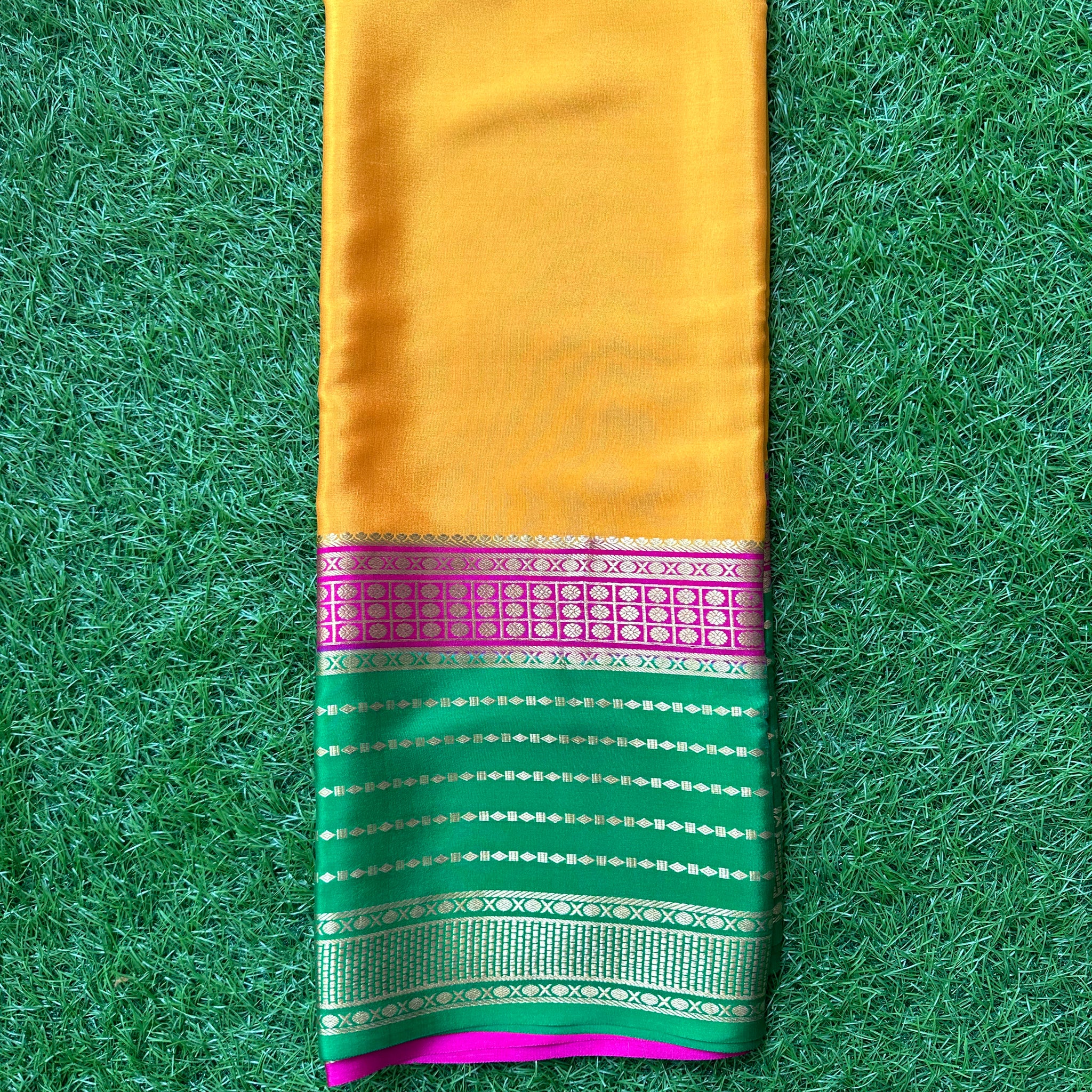 Mustard pink and green pure crepe Mysore Silk sarees. 120 grams thickness.