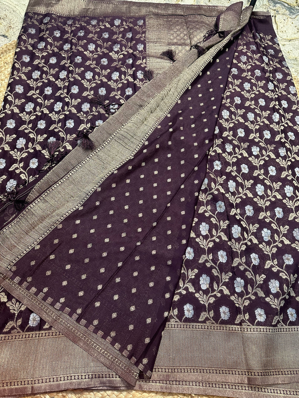 Coffee brown designer georgette jaal pattern saree.