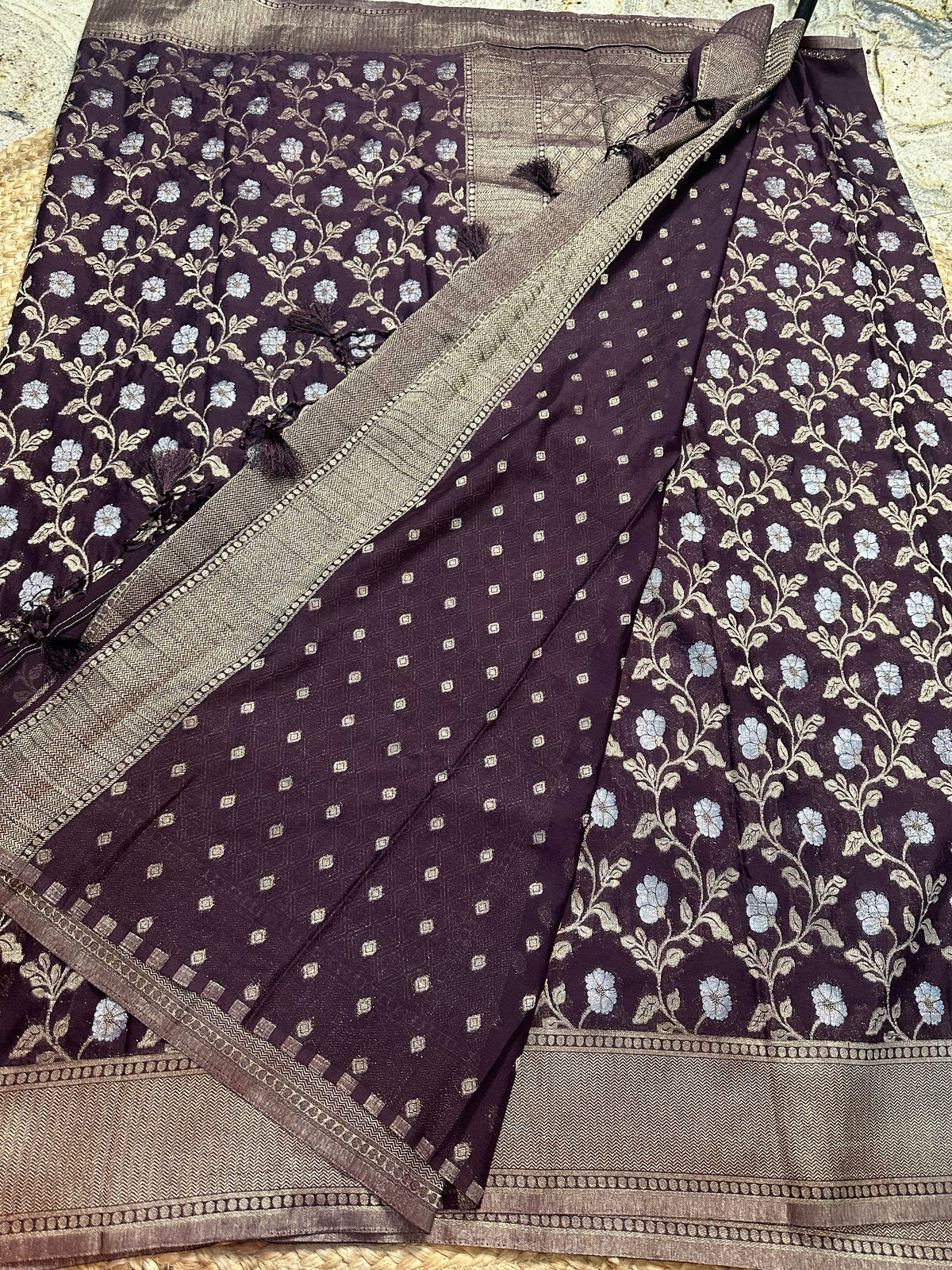 Coffee brown designer georgette jaal pattern saree.