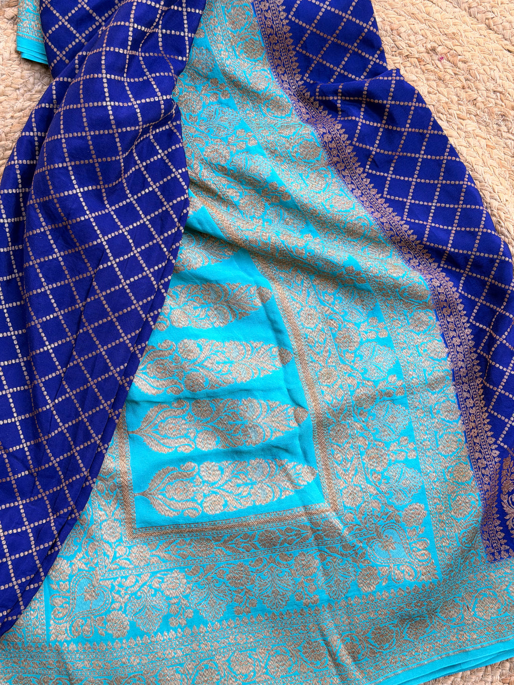 Royal blue and sky blue pure Banaras crepe