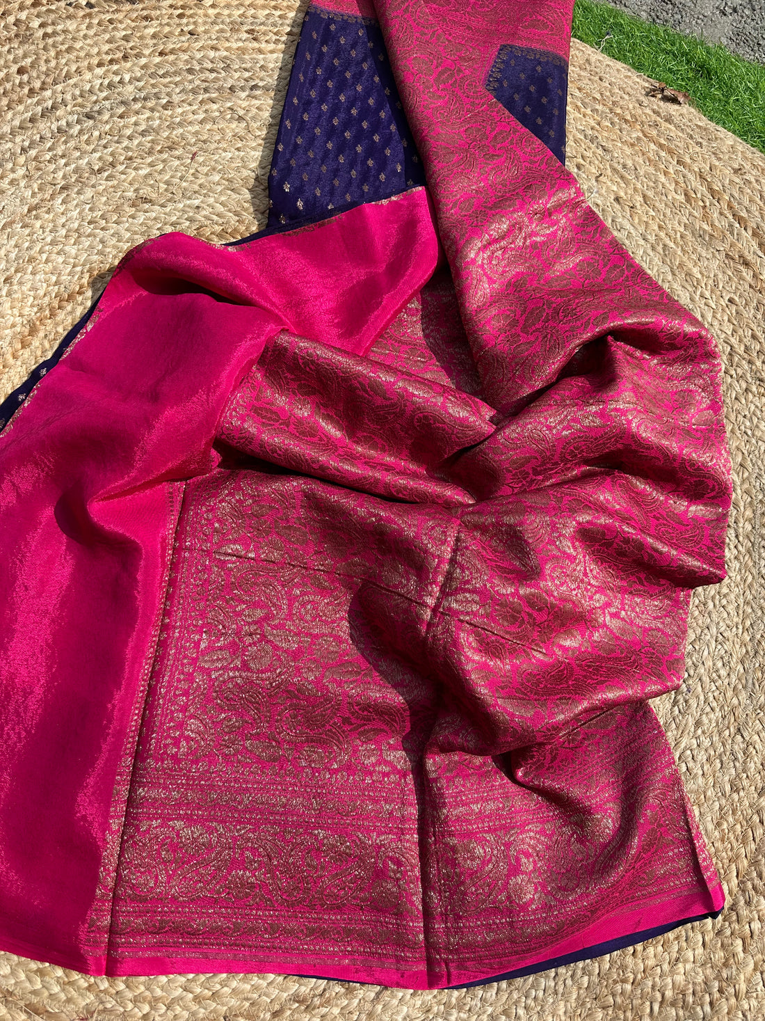 Purple and pink pure crepe Banaras sarees