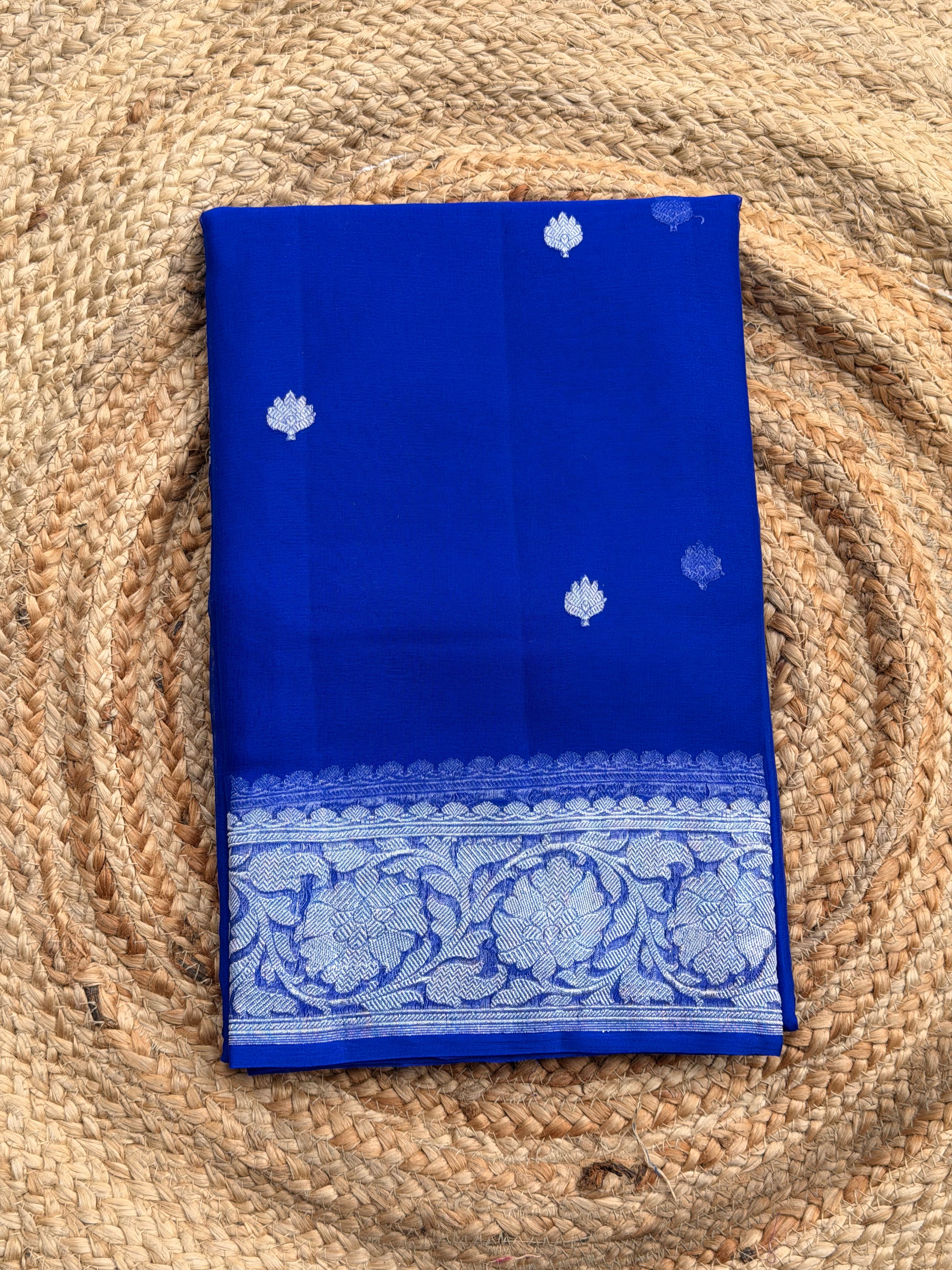 Royal blue Banarasi pure khadi chiffon saree sliver zari woven