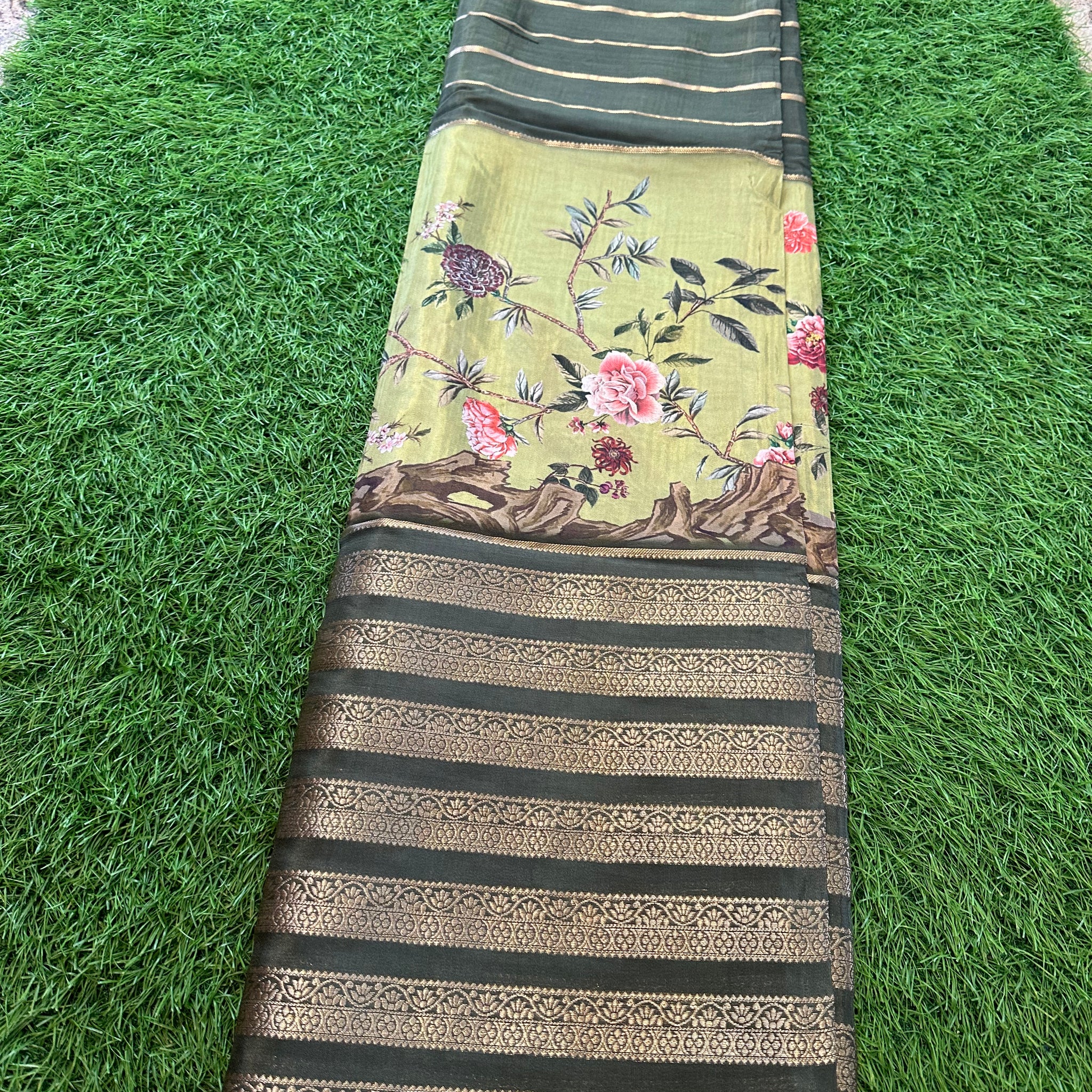 Grey with green semi crepe kalamkari