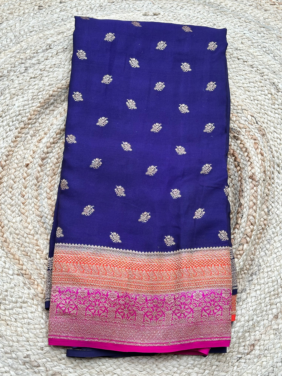 Deep blue with pink red pure crepe Banaras sarees