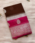 Brown double border Banarasi pure khadi chiffon saree sliver zari saree