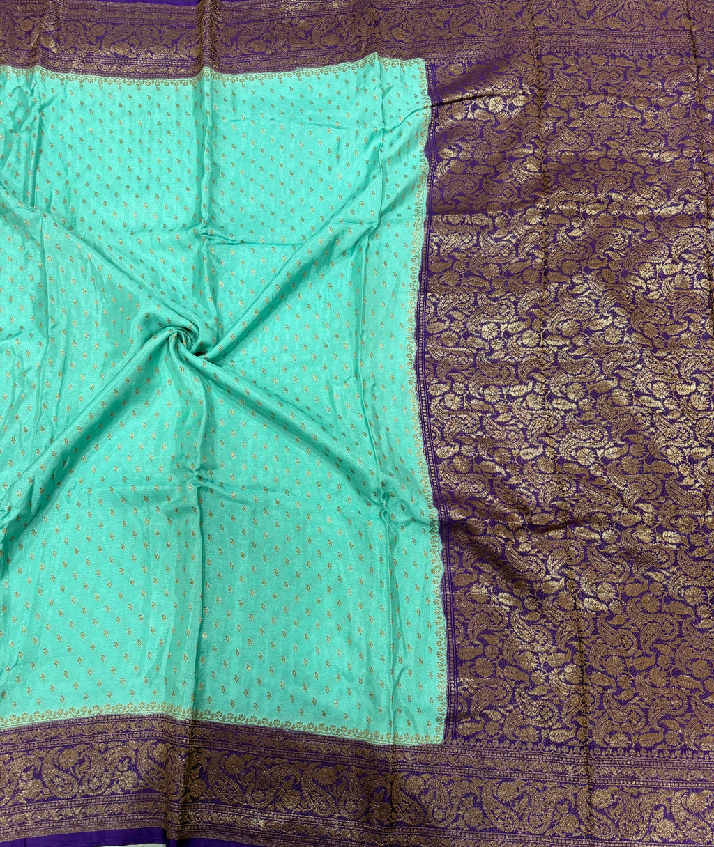 Aqua green pure Banarasi crepe chiffon 107 with antique zari saree