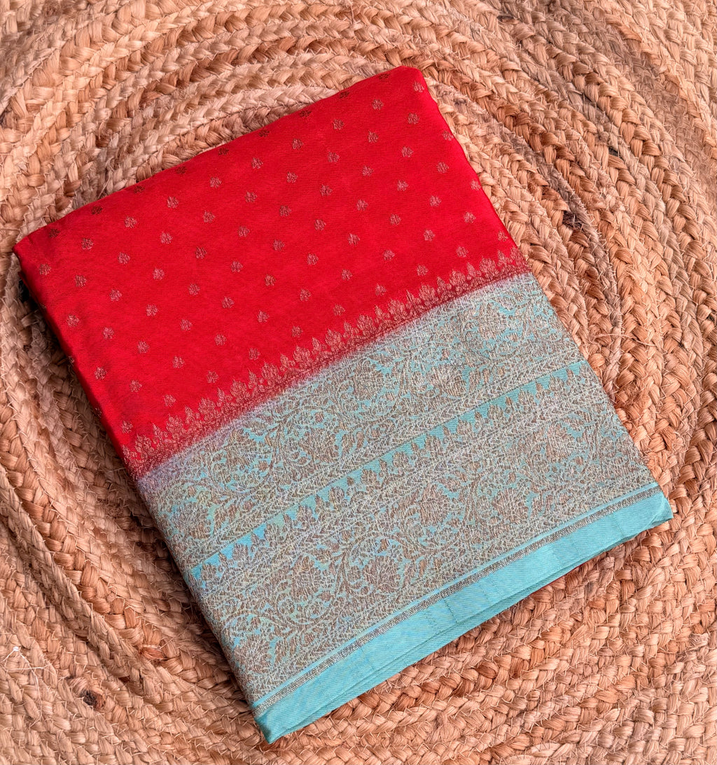 Red n sea green small butta benarasi crepe saree