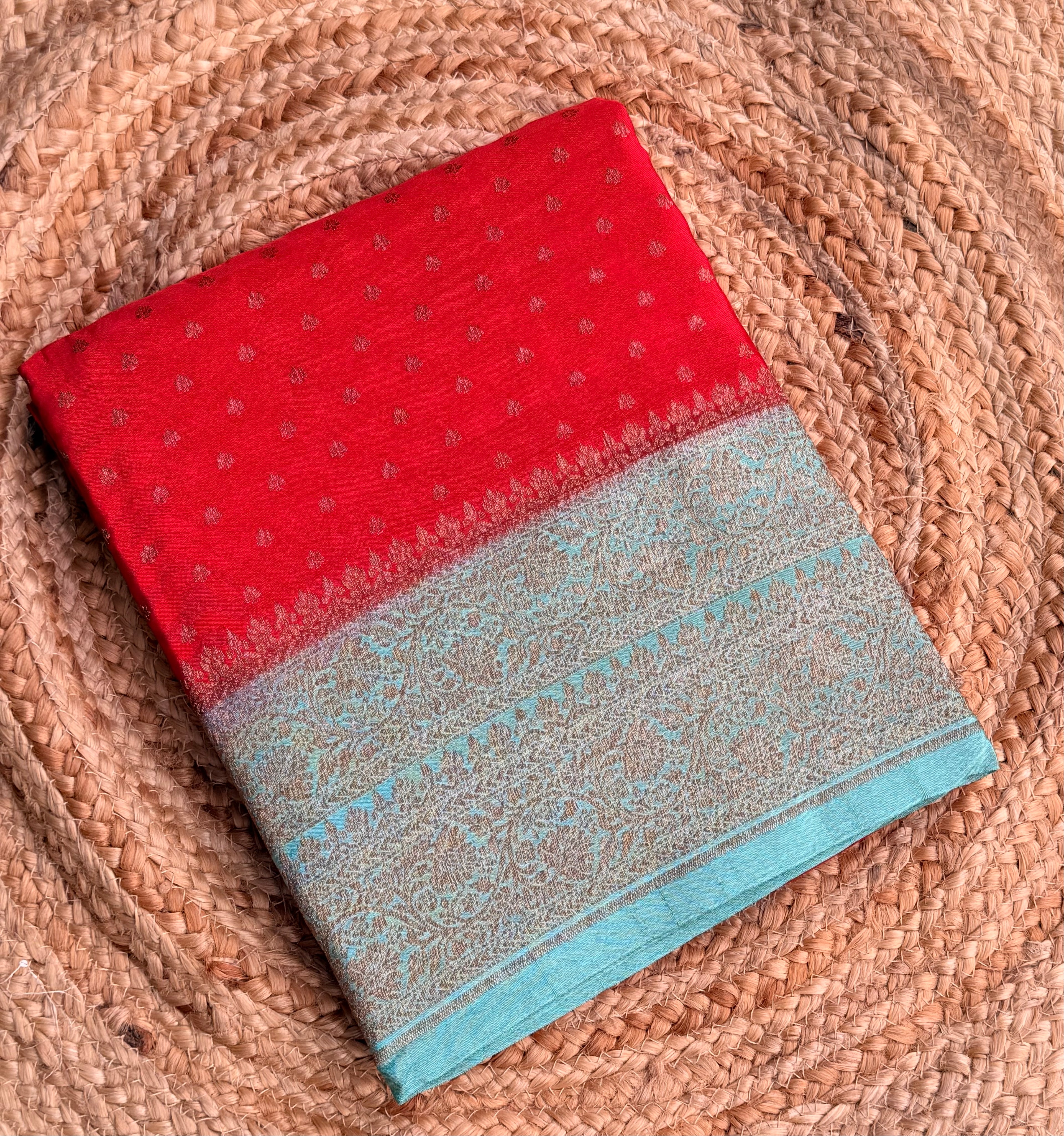Red n sea green small butta benarasi crepe saree